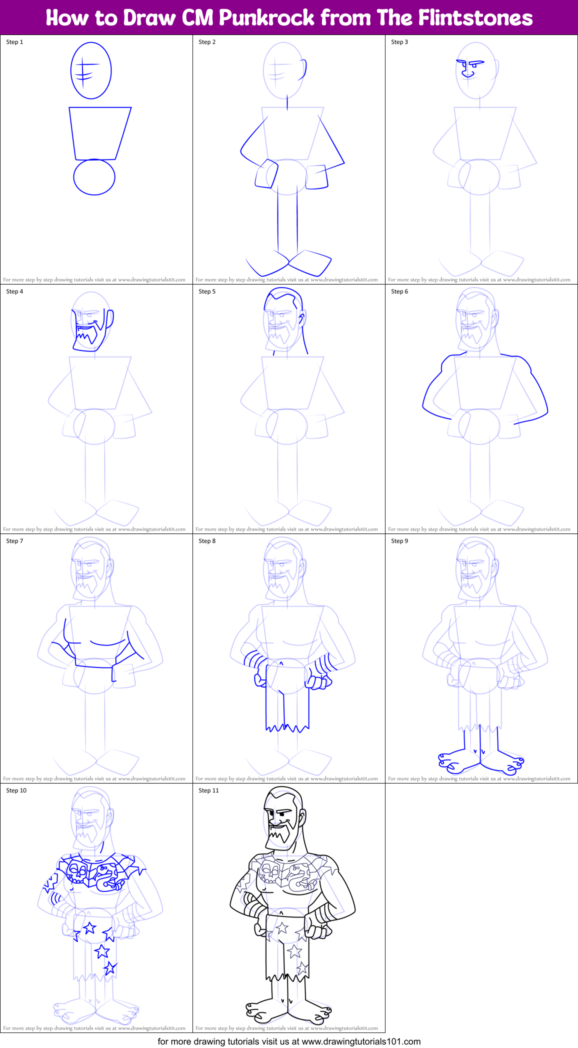 How to Draw CM Punkrock from The Flintstones Printable Step by Step