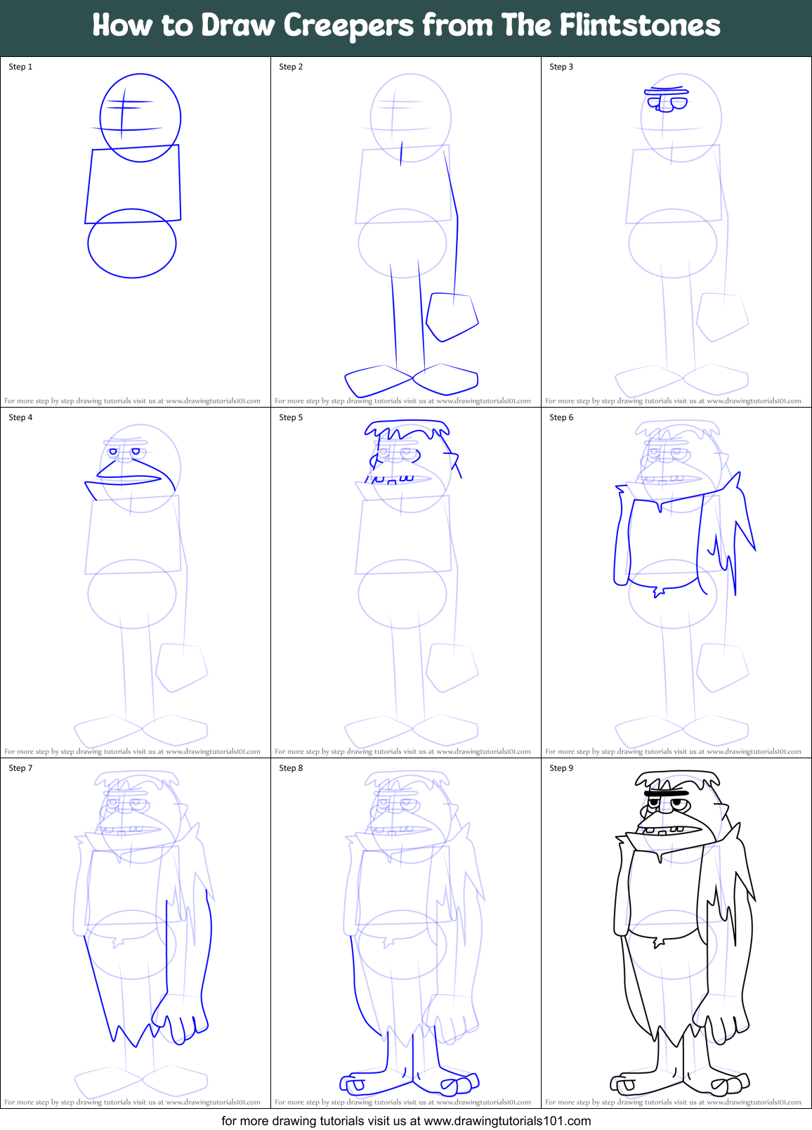 How to Draw Creepers from The Flintstones Printable Step by Step