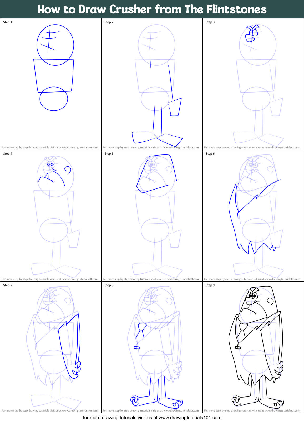 How to Draw Crusher from The Flintstones Printable Step by Step