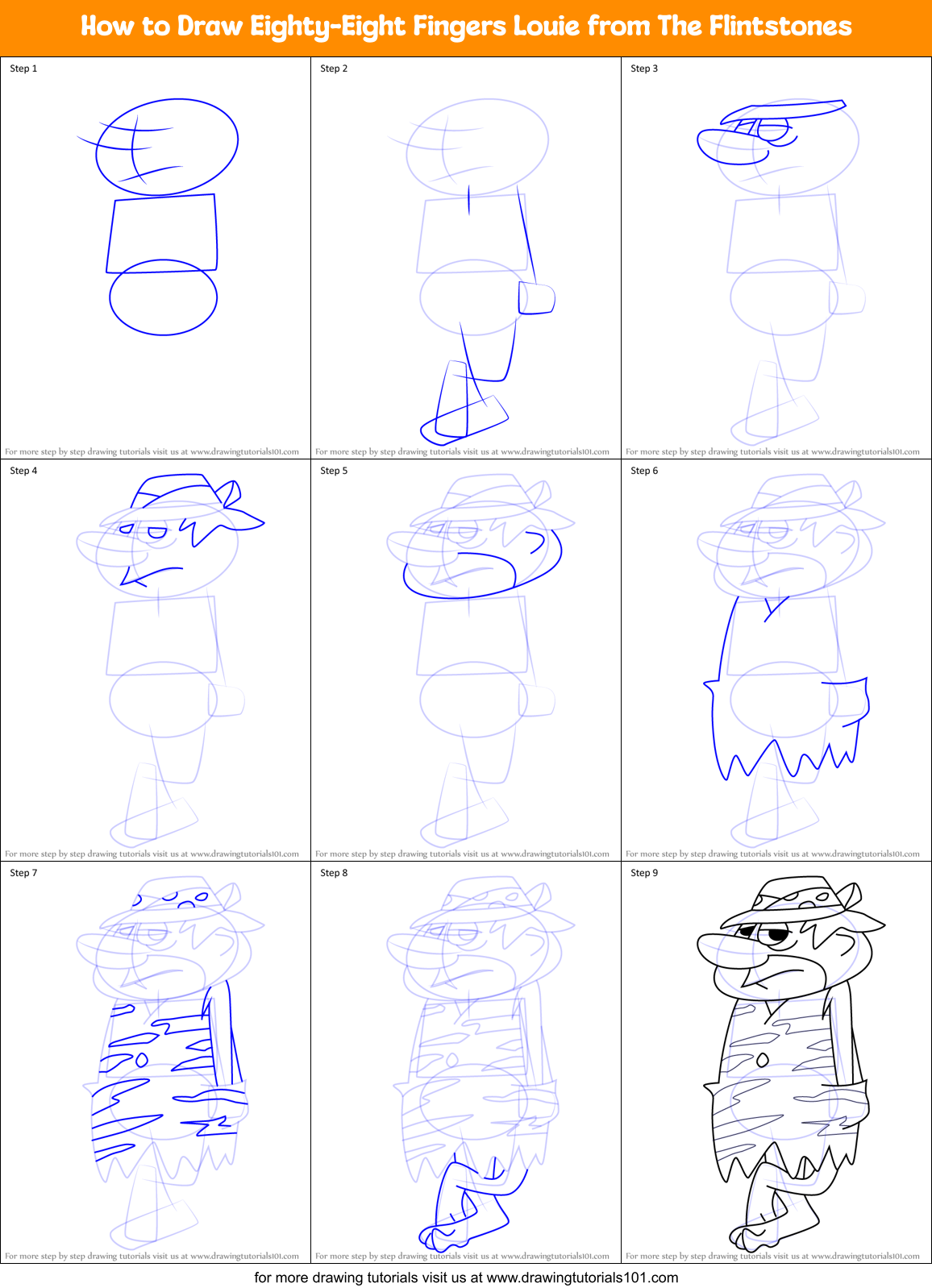 How to Draw Eighty-Eight Fingers Louie from The Flintstones Printable Step by Step