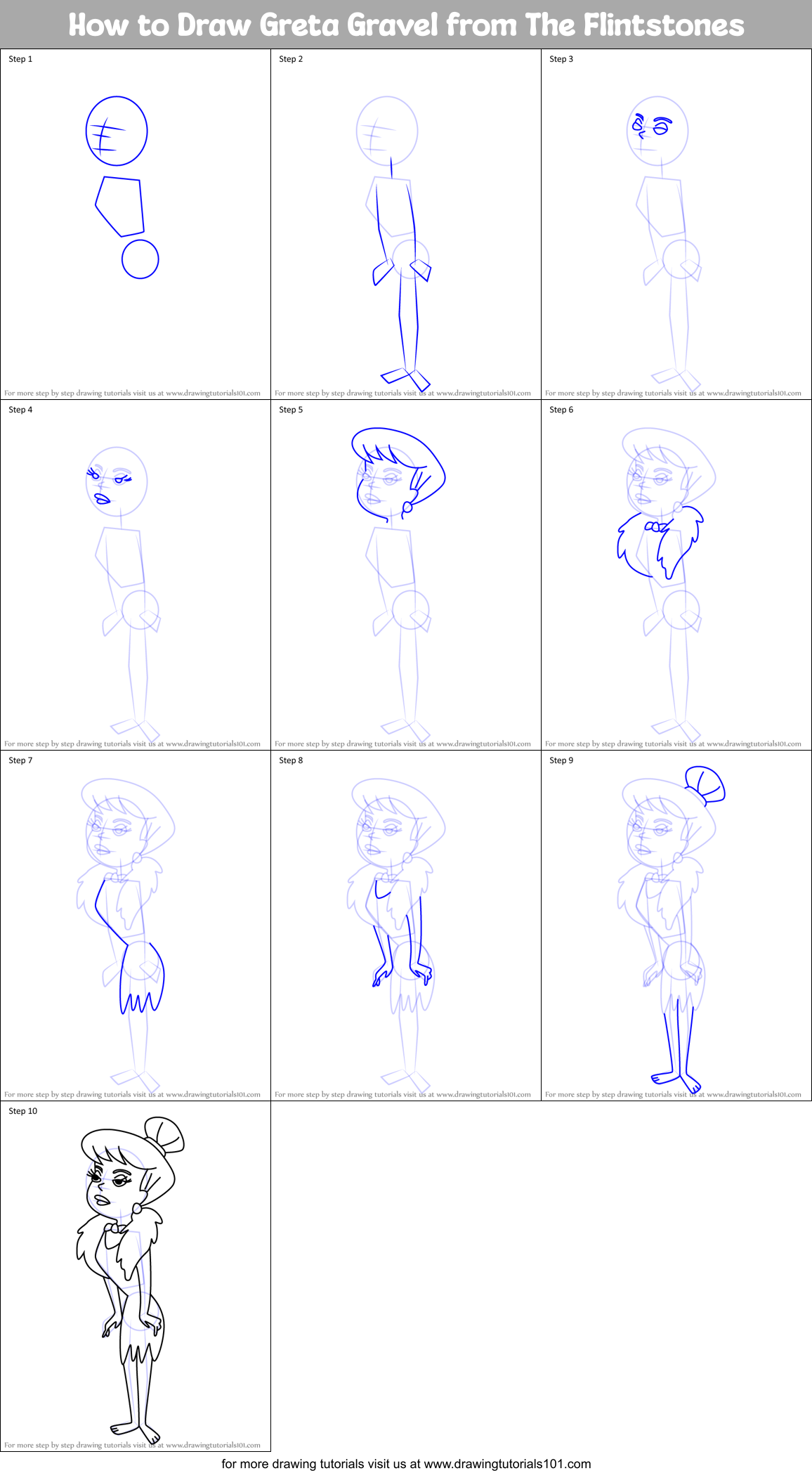 How to Draw Greta Gravel from The Flintstones Printable Step by Step
