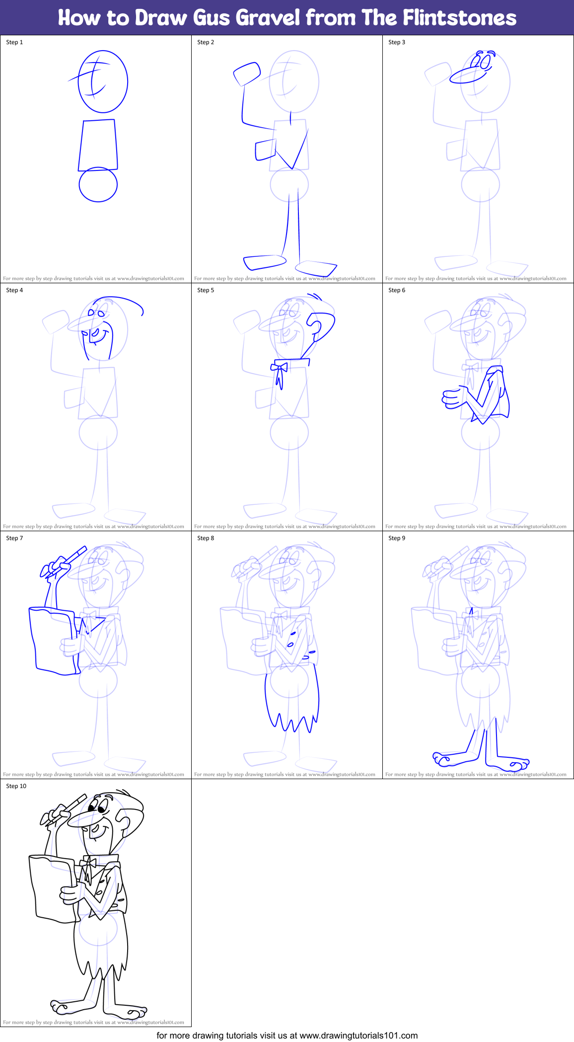 How to Draw Gus Gravel from The Flintstones Printable Step by Step