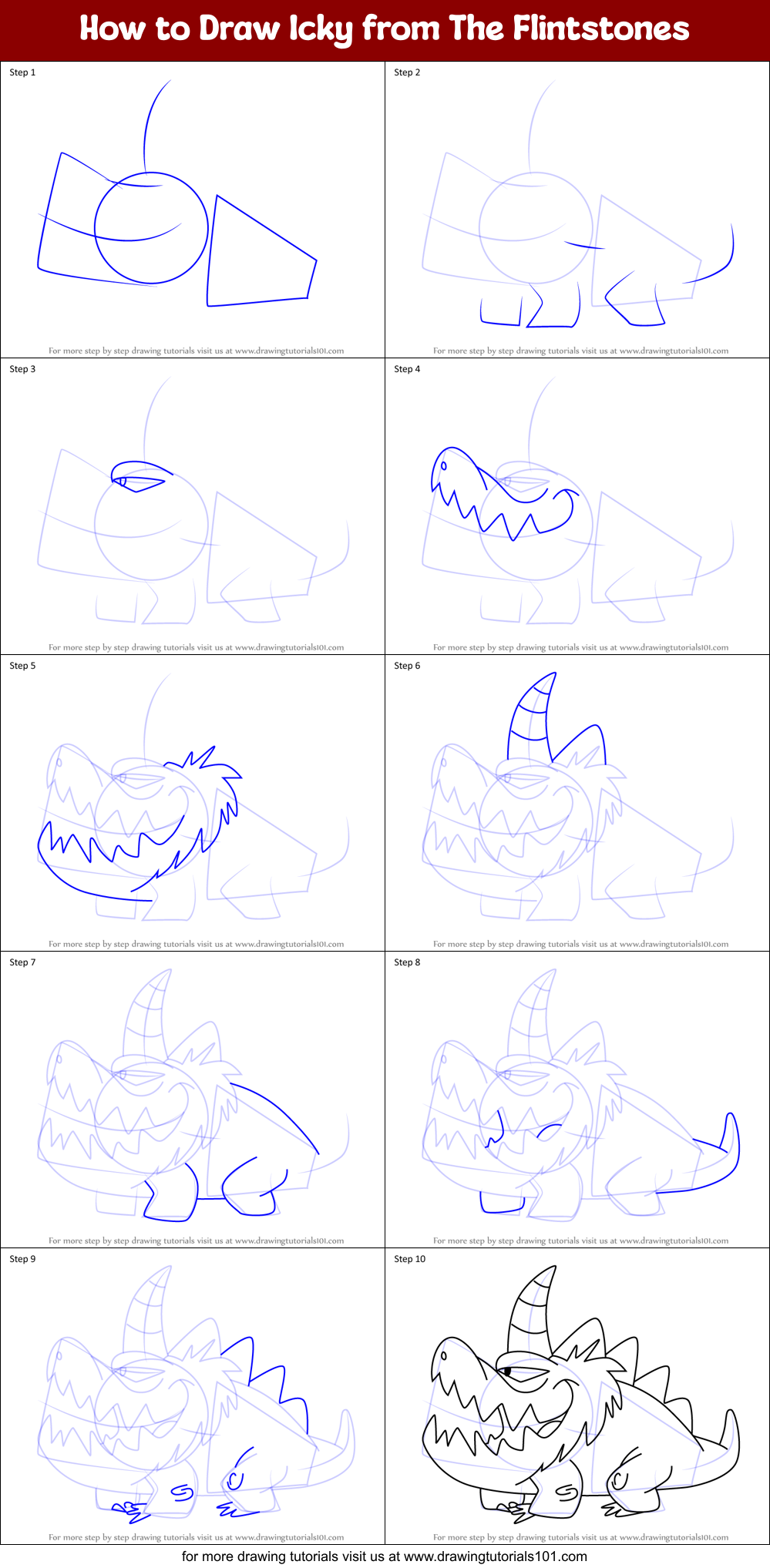 How to Draw Icky from The Flintstones Printable Step by Step