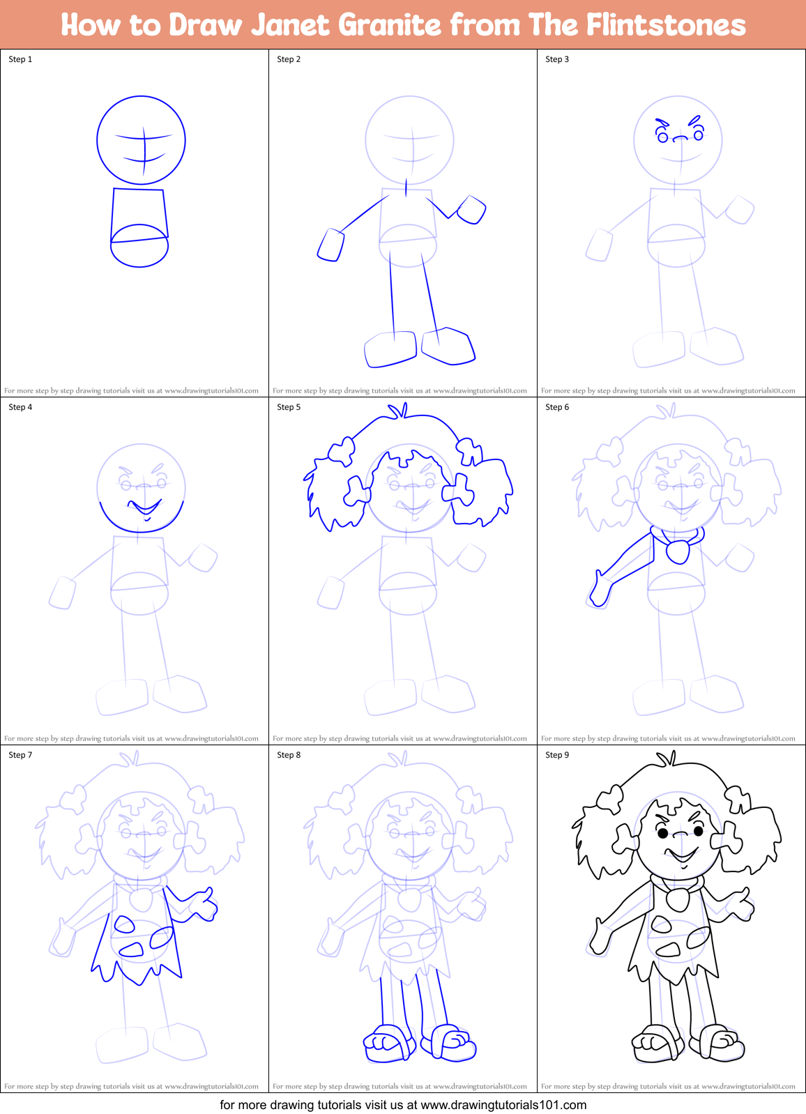 How to Draw Janet Granite from The Flintstones Printable Step by Step
