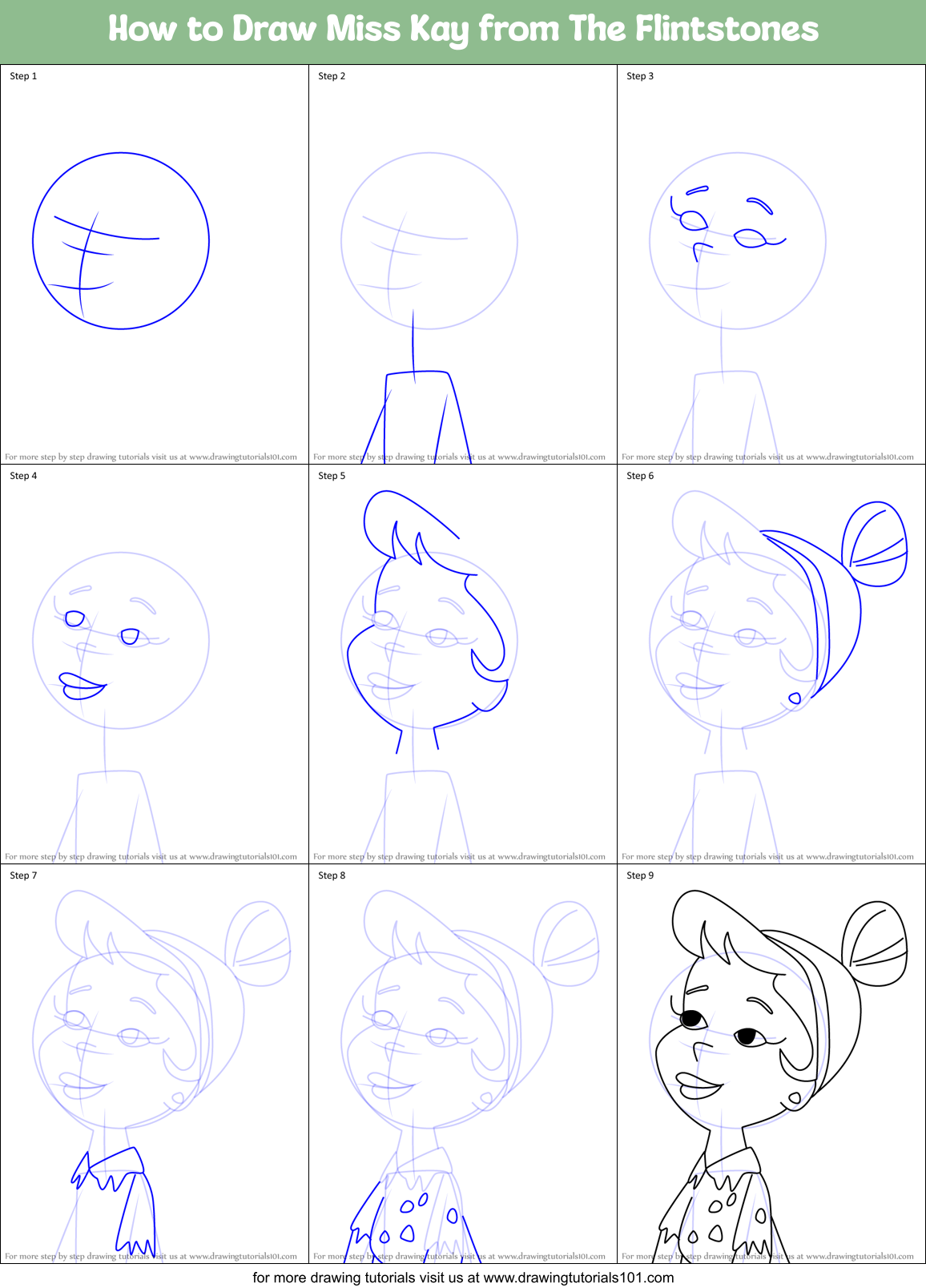 How to Draw Miss Kay from The Flintstones Printable Step by Step