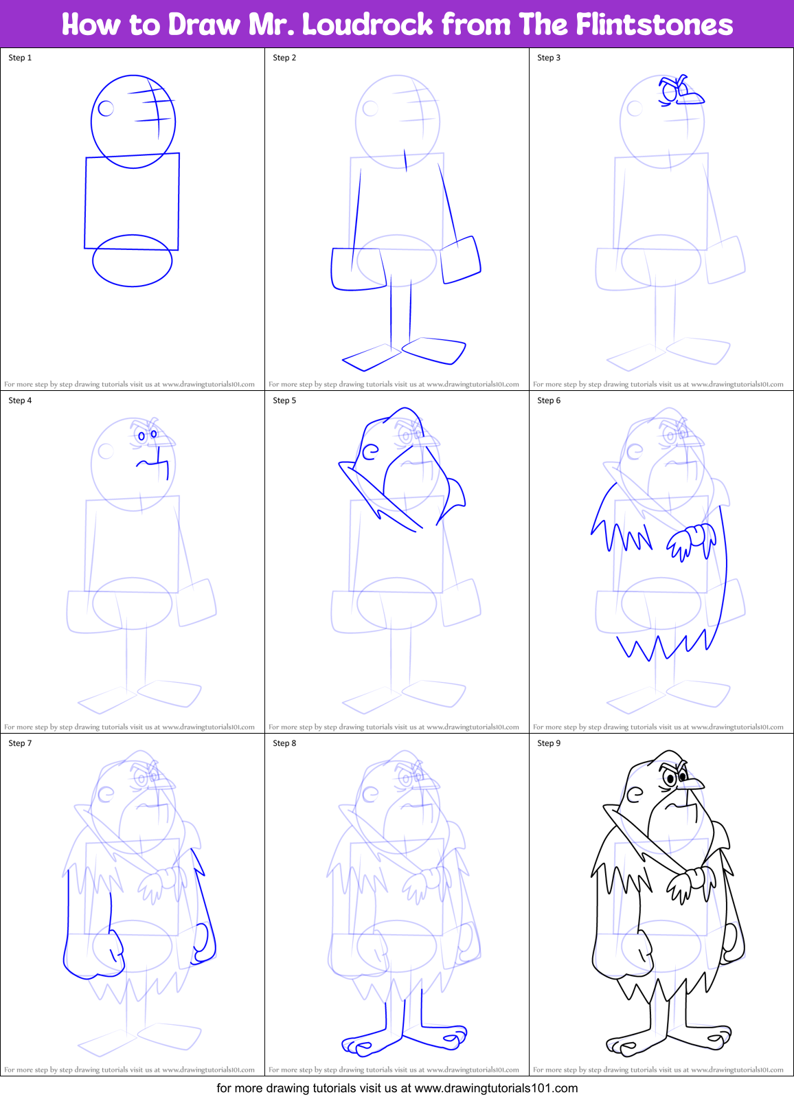 How to Draw Mr. Loudrock from The Flintstones Printable Step by Step