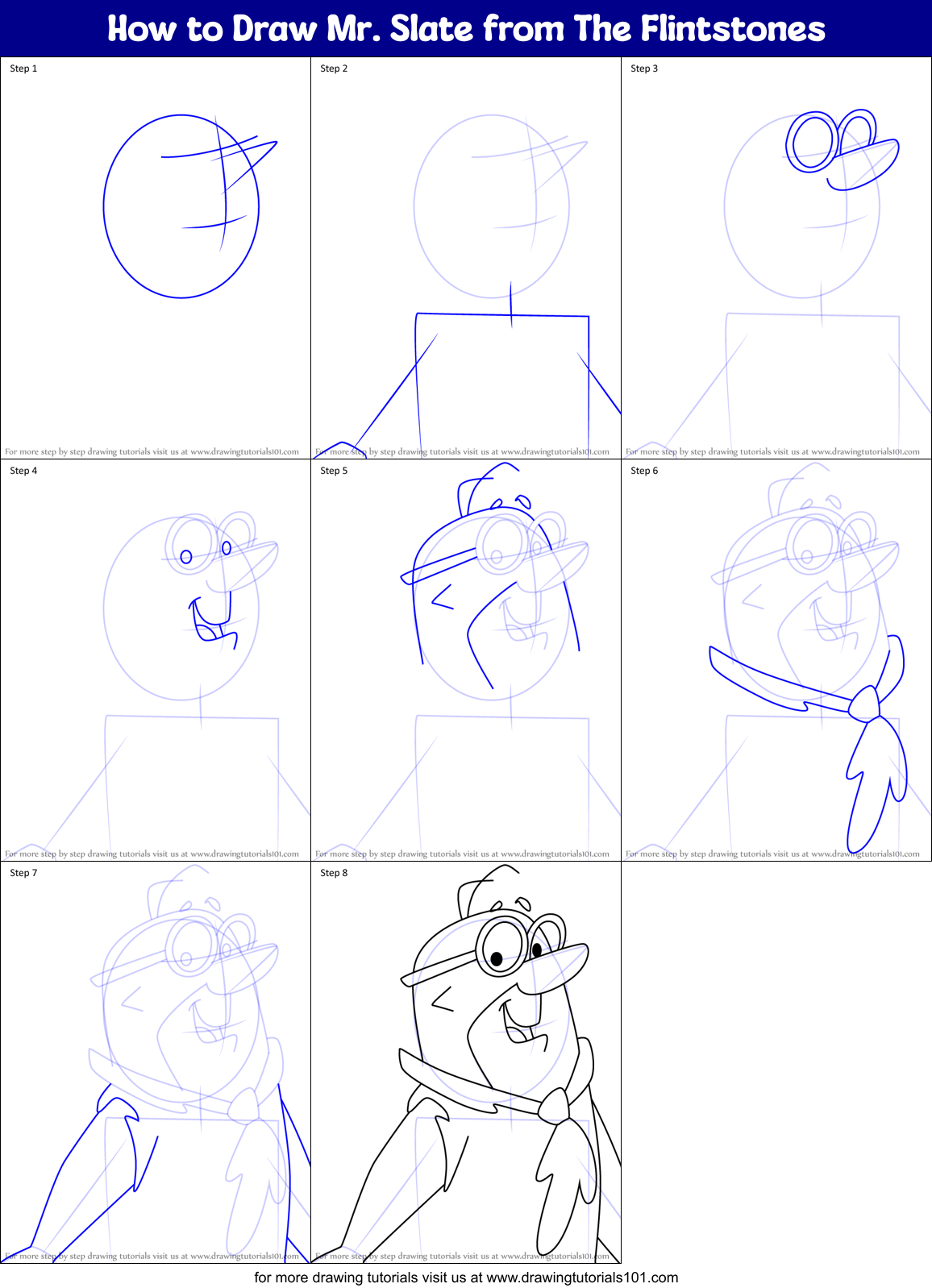 How to Draw Mr. Slate from The Flintstones Printable Step by Step