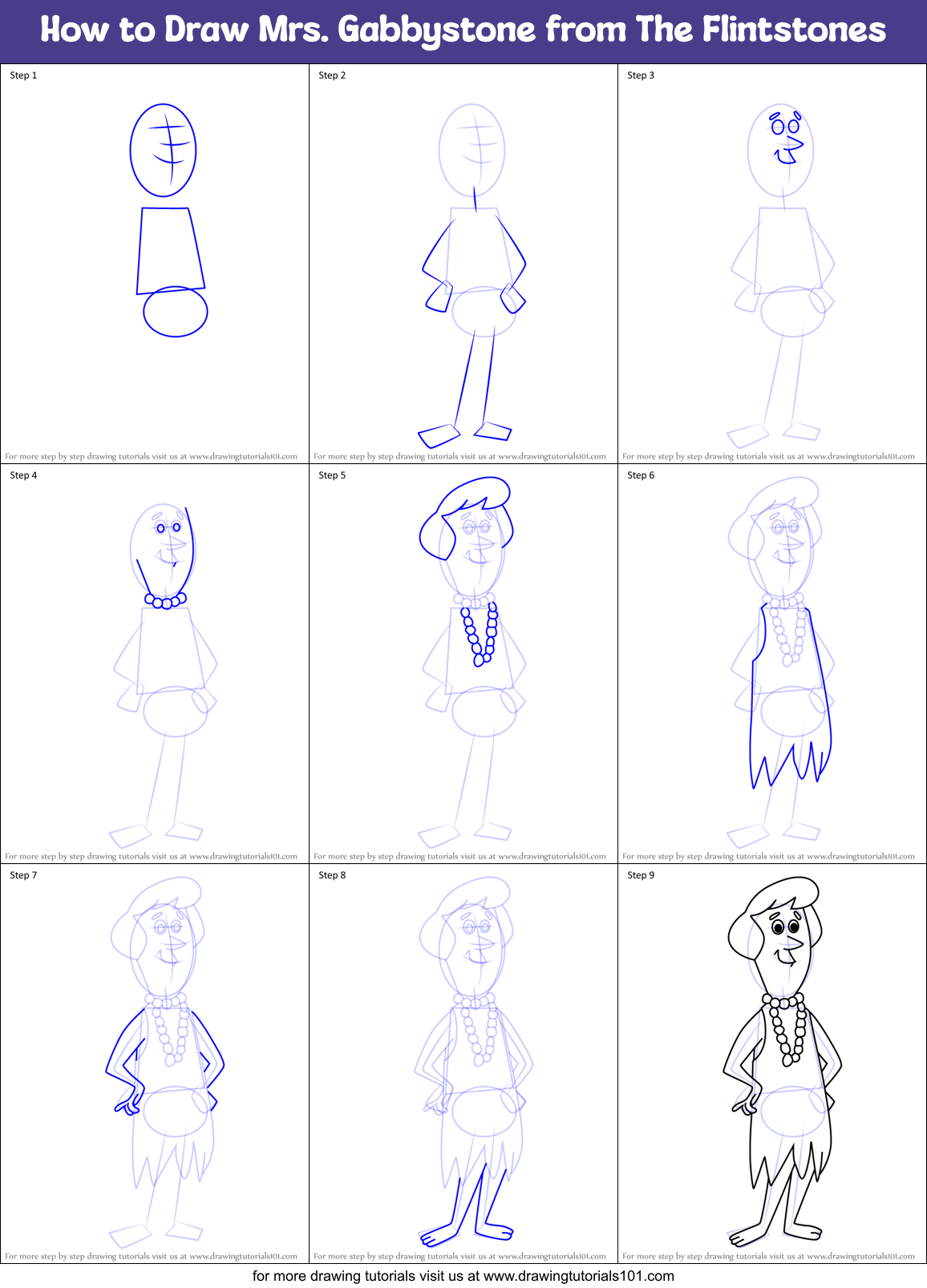 How to Draw Mrs. Gabbystone from The Flintstones Printable Step by Step