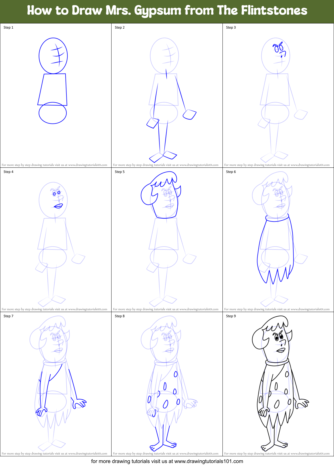 How to Draw Mrs. Gypsum from The Flintstones Printable Step by Step