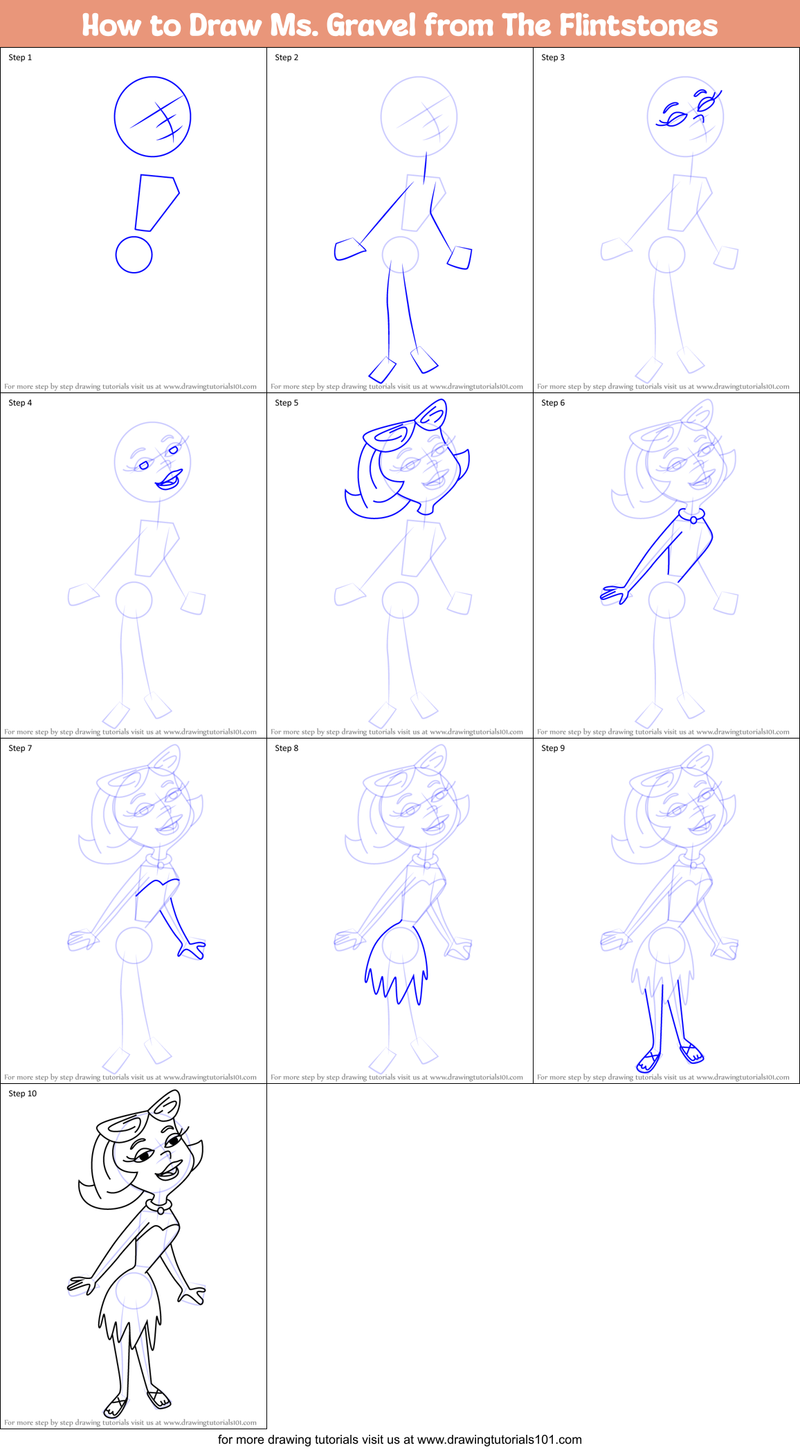 How to Draw Ms. Gravel from The Flintstones Printable Step by Step