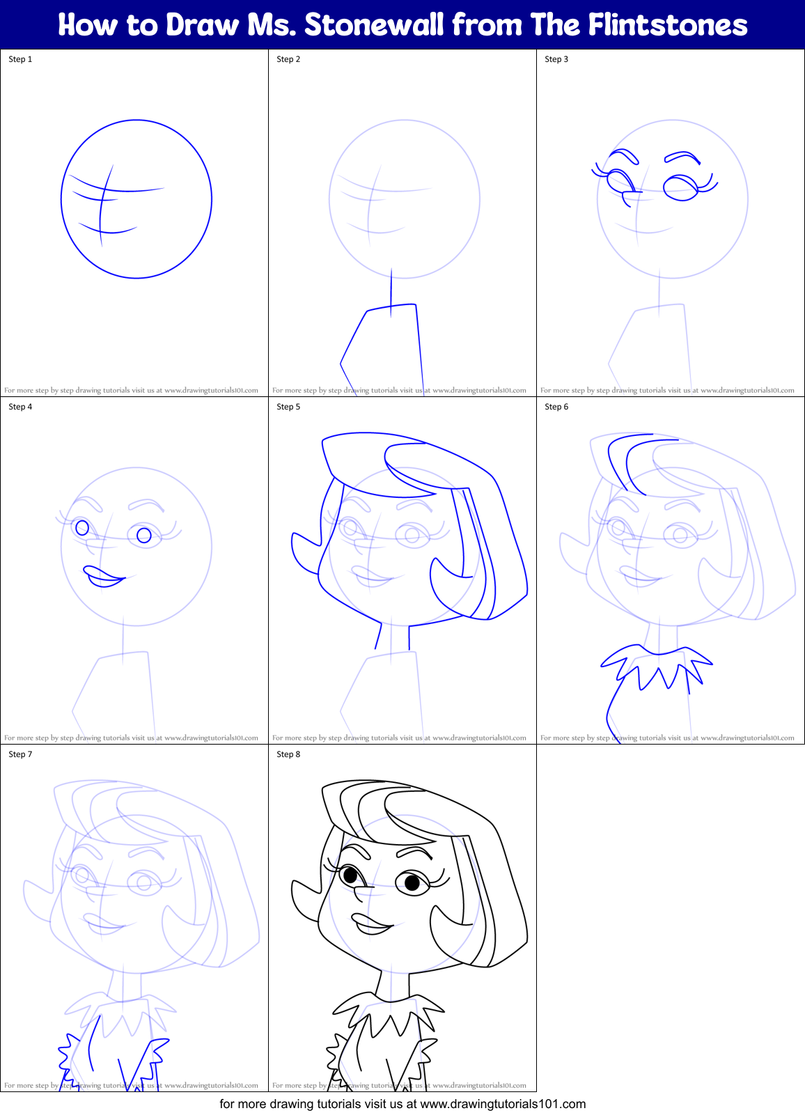 How to Draw Ms. Stonewall from The Flintstones Printable Step by Step