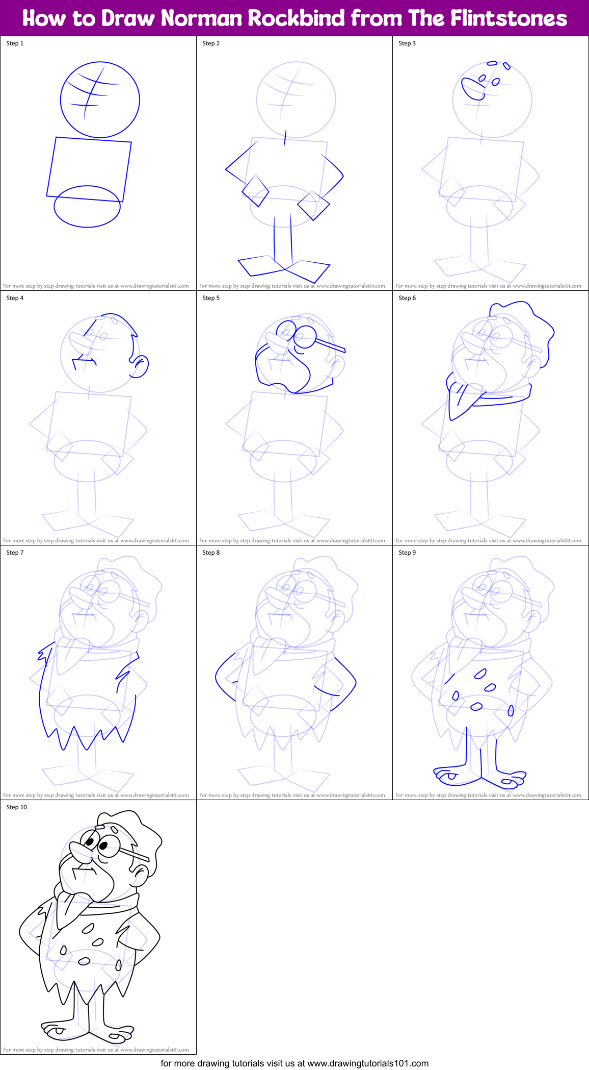 How to Draw Norman Rockbind from The Flintstones Printable Step by Step