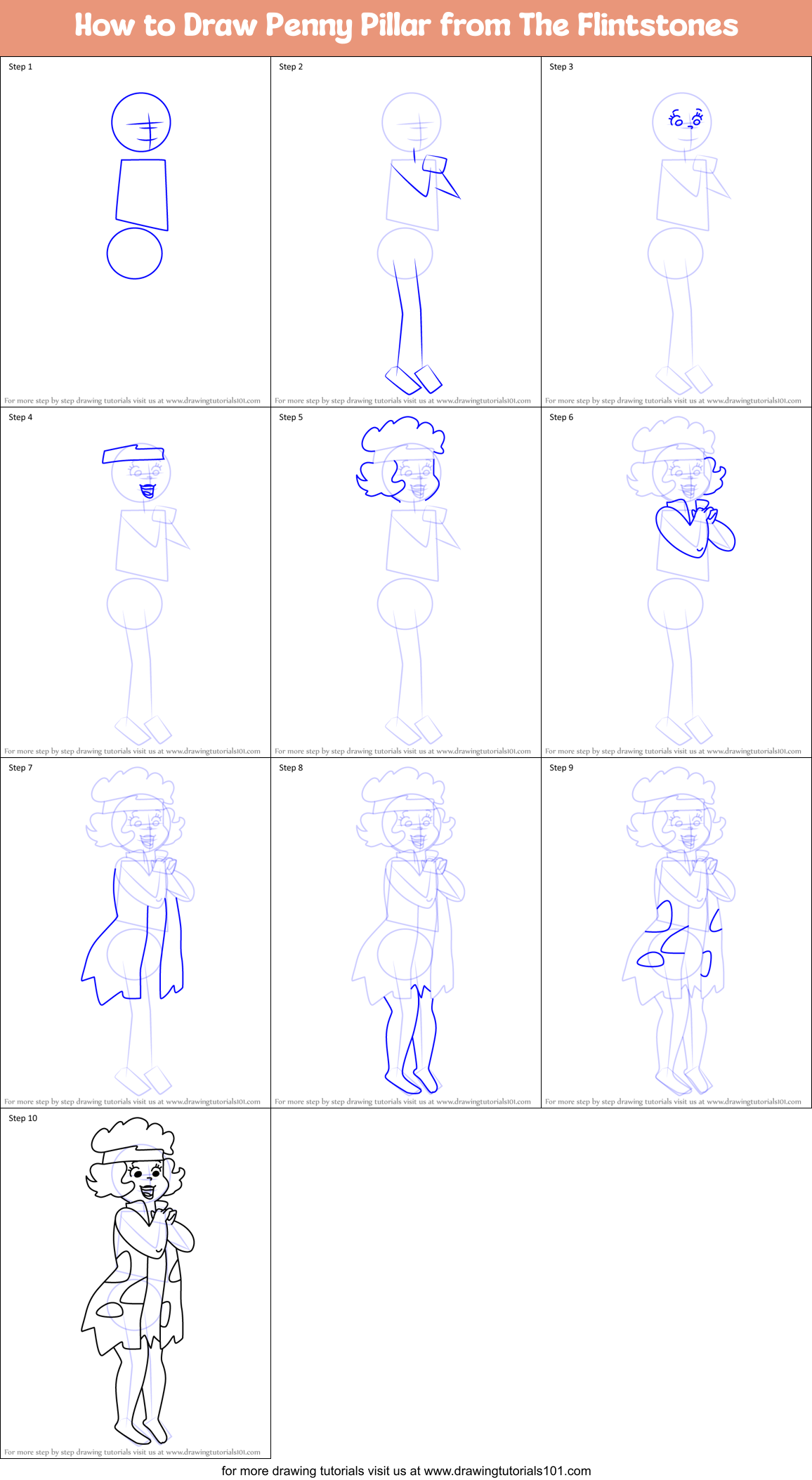 How to Draw Penny Pillar from The Flintstones Printable Step by Step