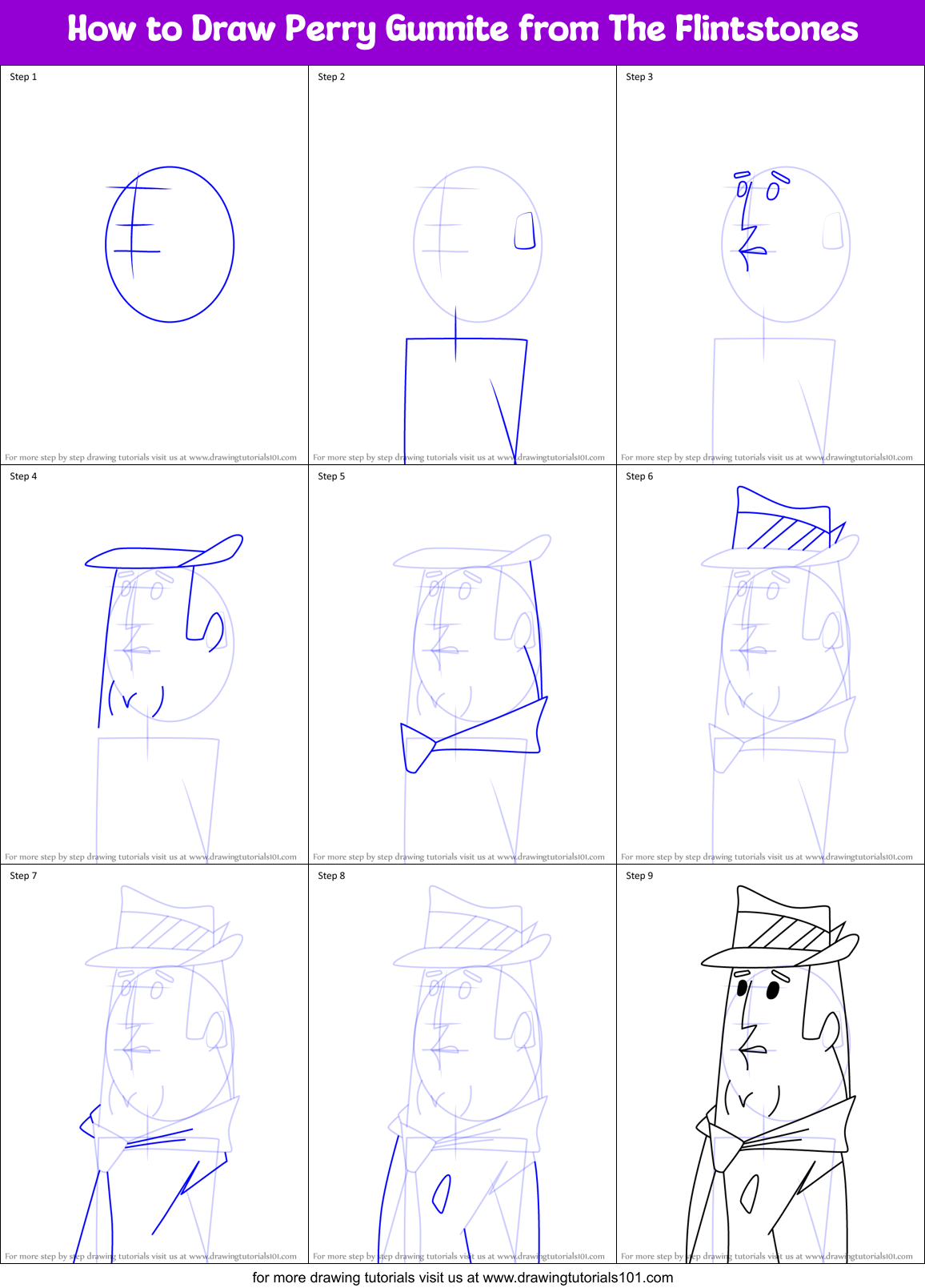 How to Draw Perry Gunnite from The Flintstones Printable Step by Step