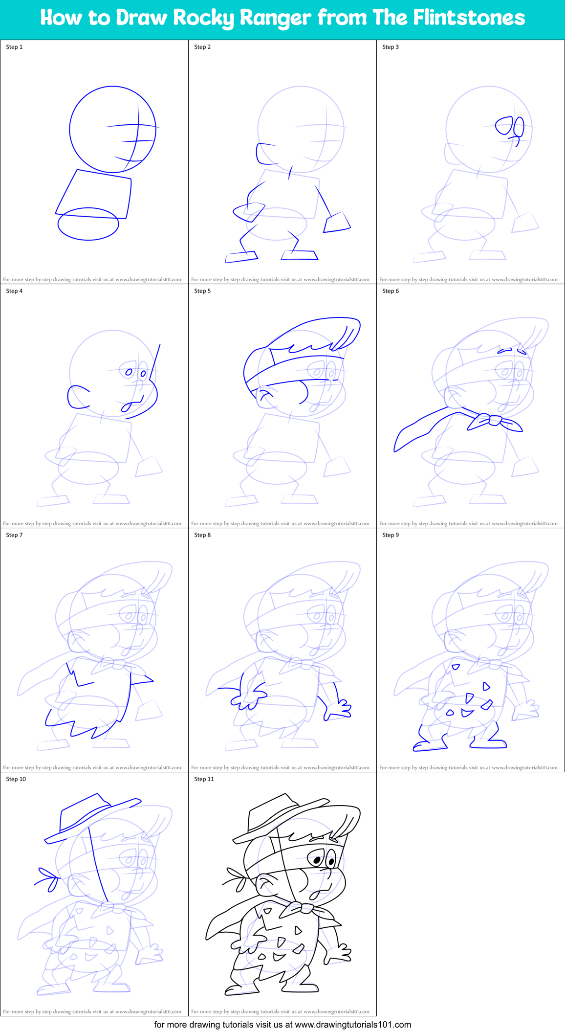 How to Draw Rocky Ranger from The Flintstones Printable Step by Step