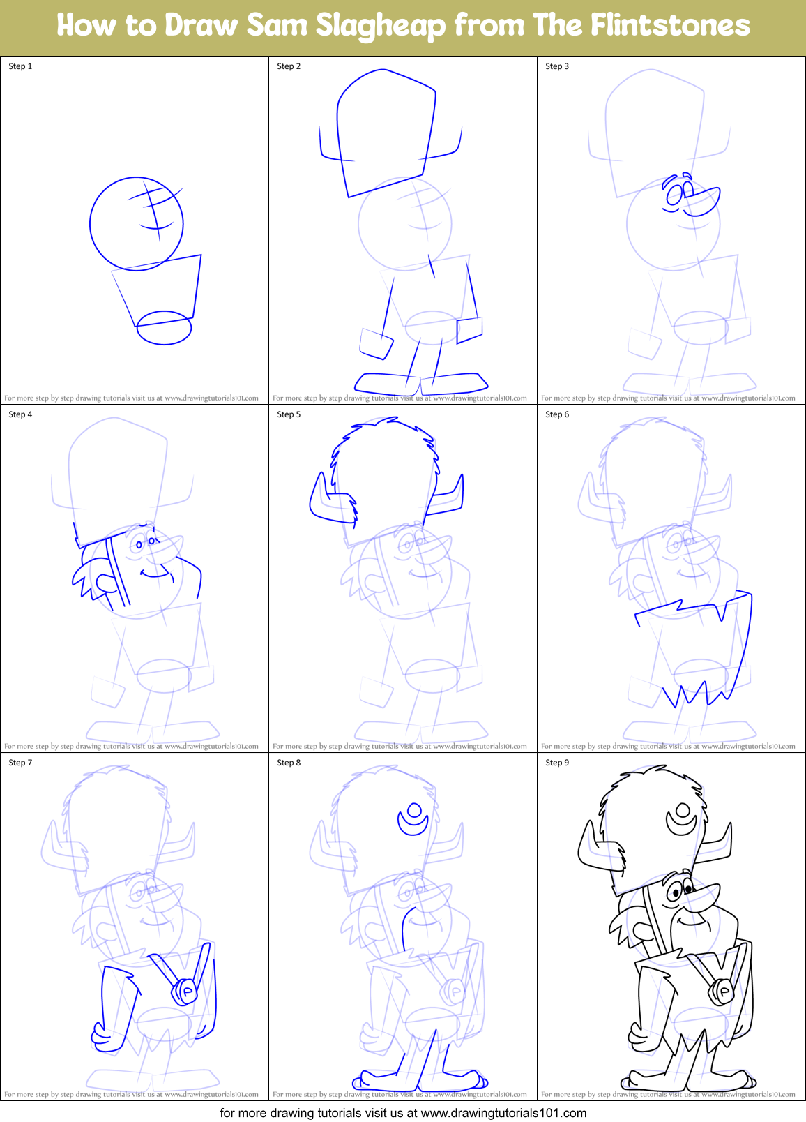 How to Draw Sam Slagheap from The Flintstones Printable Step by Step
