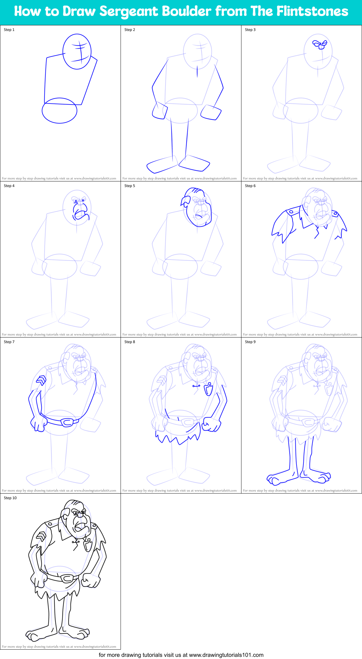 How to Draw Sergeant Boulder from The Flintstones Printable Step by Step