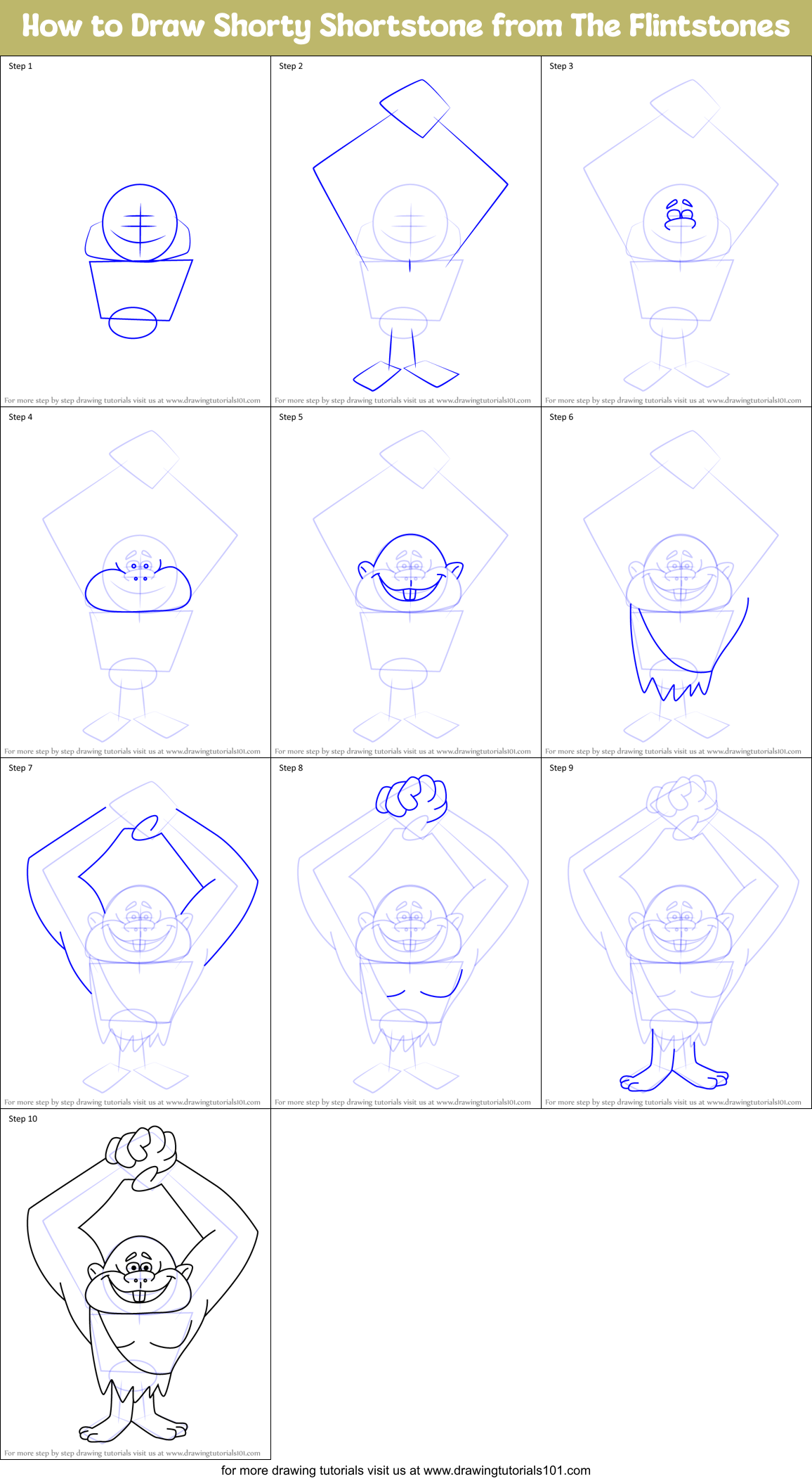How to Draw Shorty Shortstone from The Flintstones Printable Step by Step