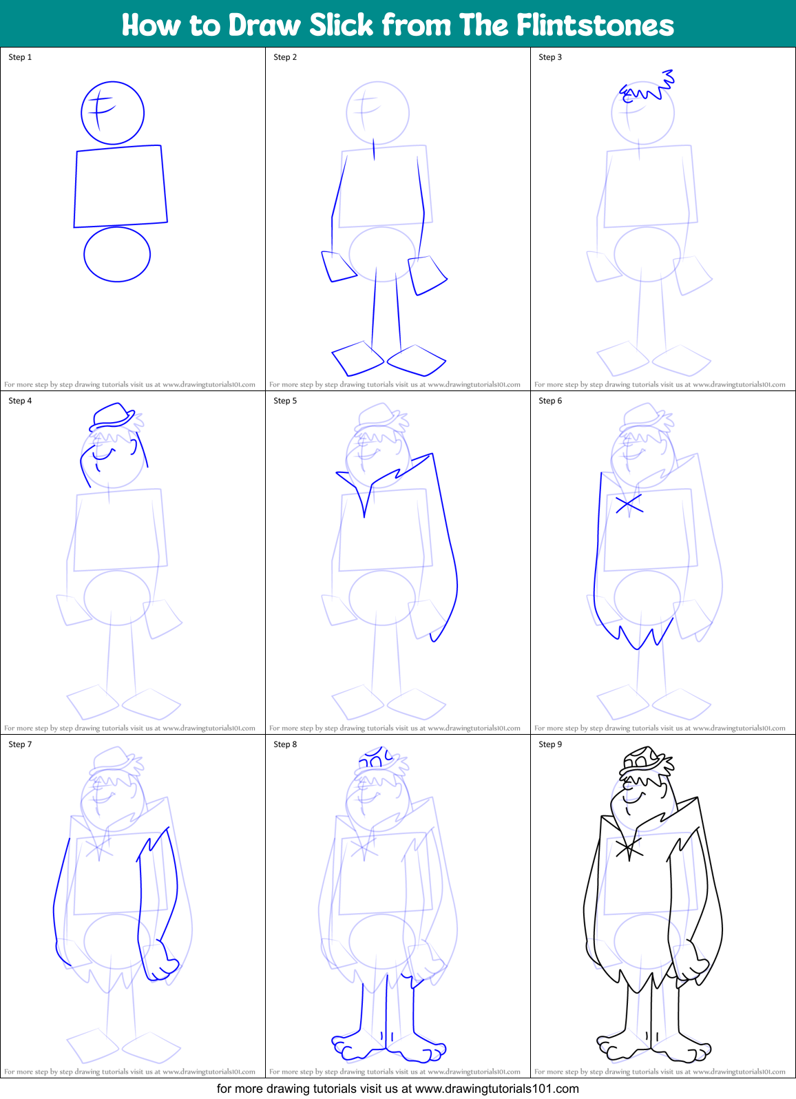 How to Draw Slick from The Flintstones Printable Step by Step