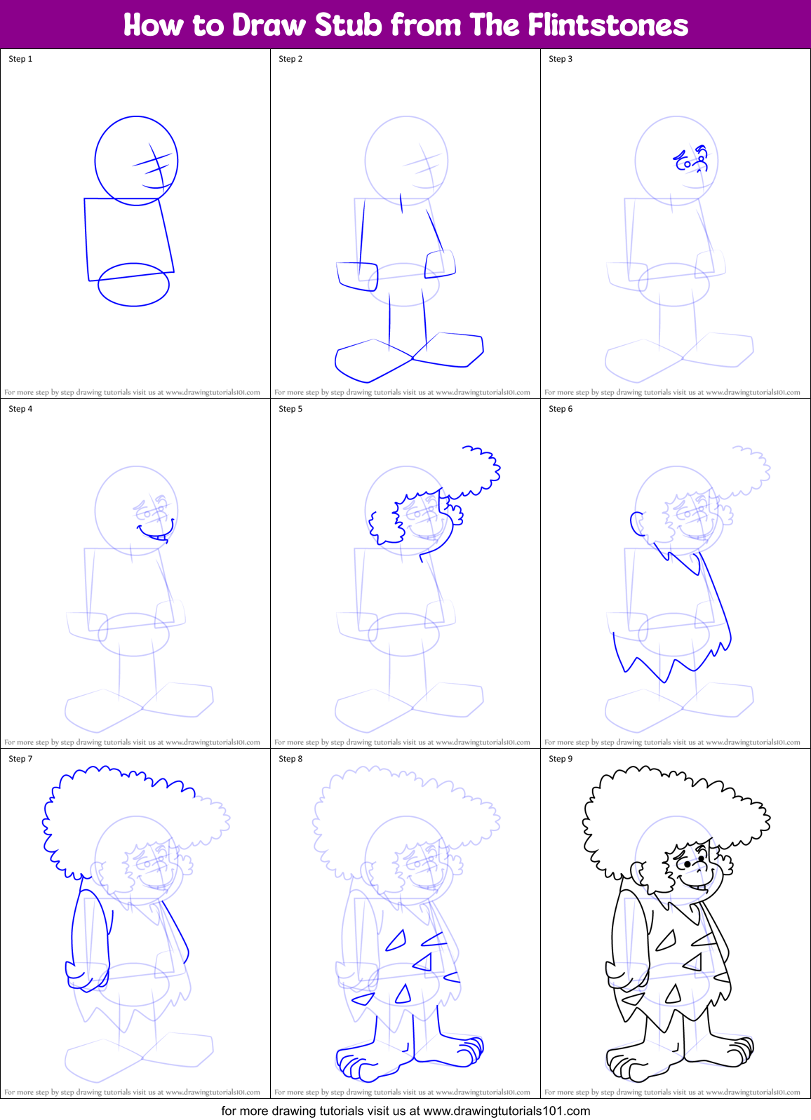 How to Draw Stub from The Flintstones Printable Step by Step