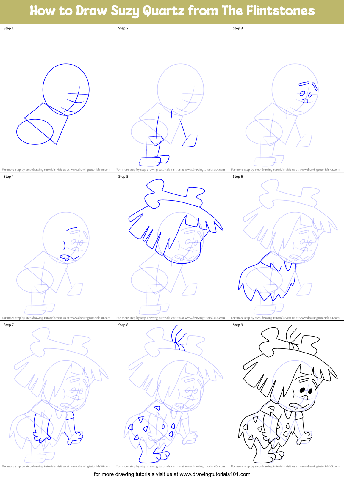 How to Draw Suzy Quartz from The Flintstones Printable Step by Step
