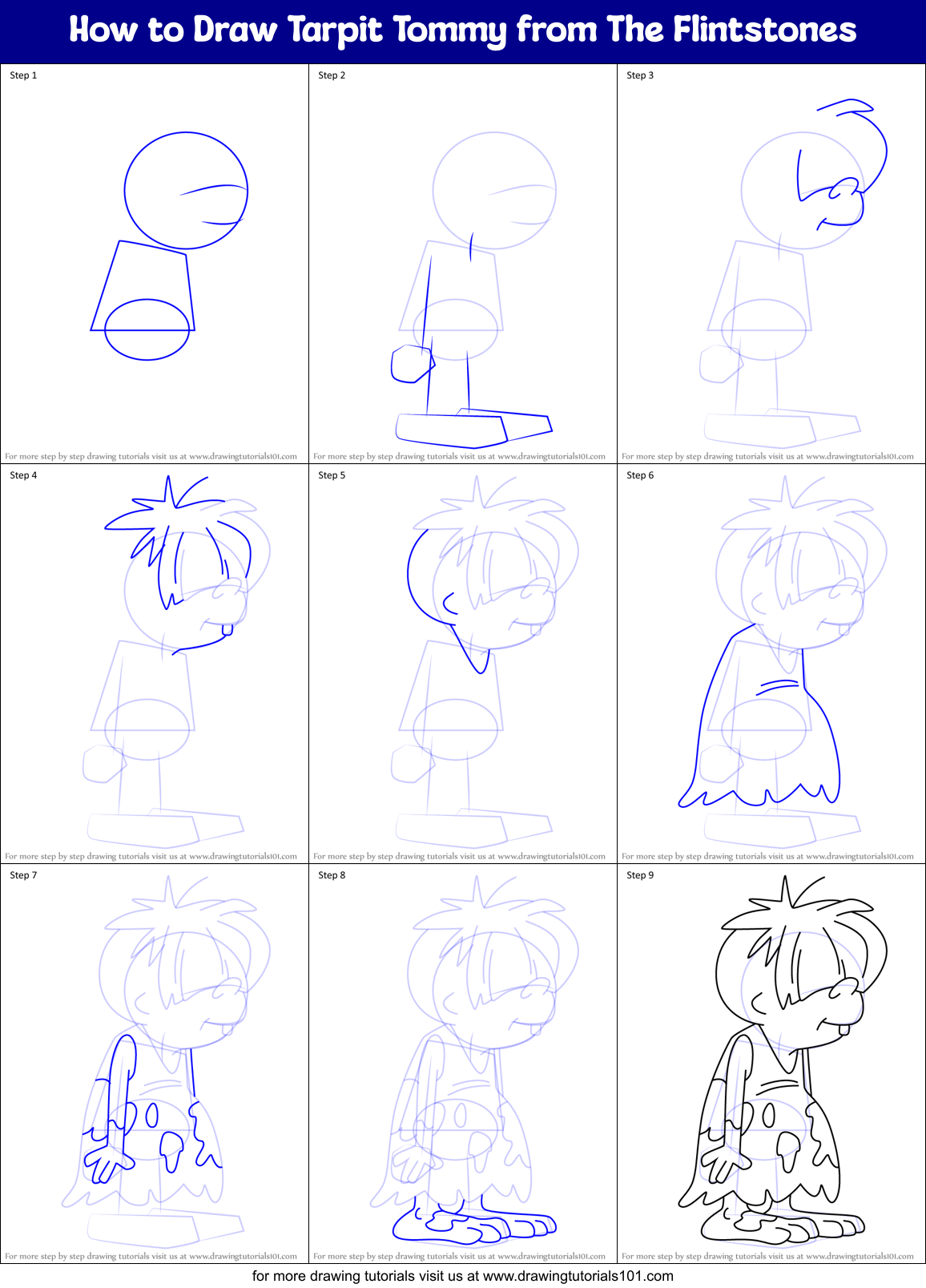 How to Draw Tarpit Tommy from The Flintstones Printable Step by Step