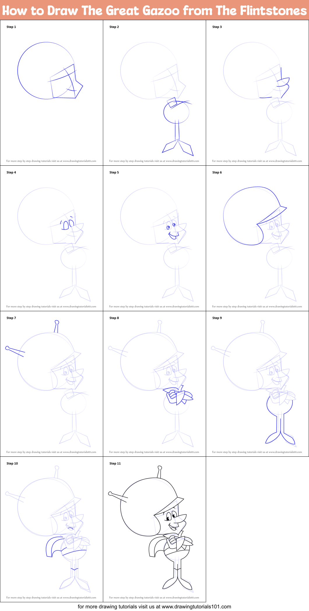 How to Draw The Great Gazoo from The Flintstones Printable Step by Step