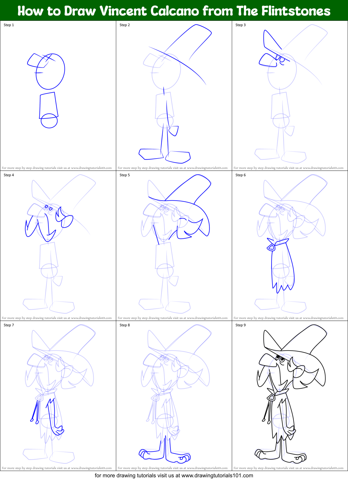 How to Draw Vincent Calcano from The Flintstones Printable Step by Step