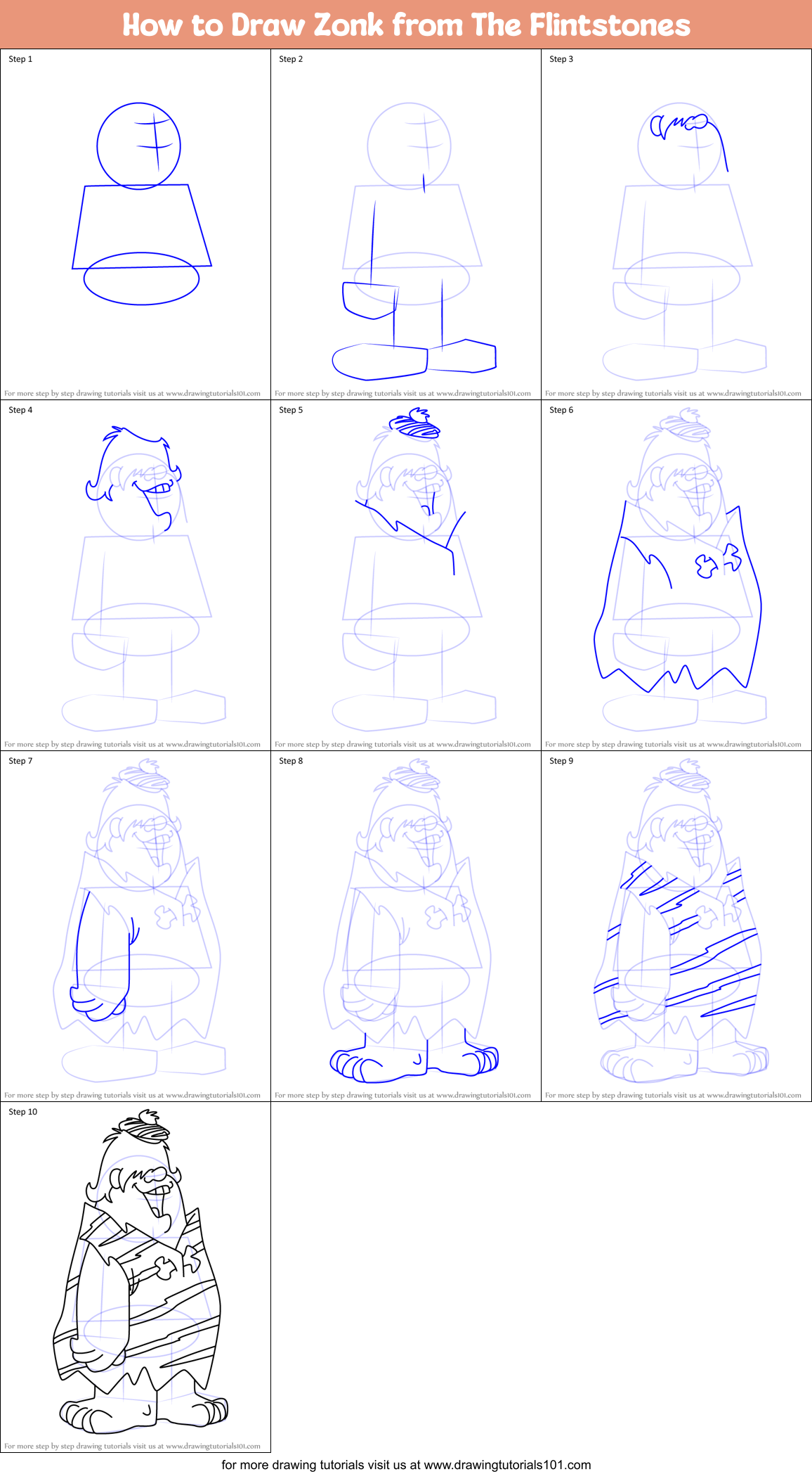 How to Draw Zonk from The Flintstones Printable Step by Step