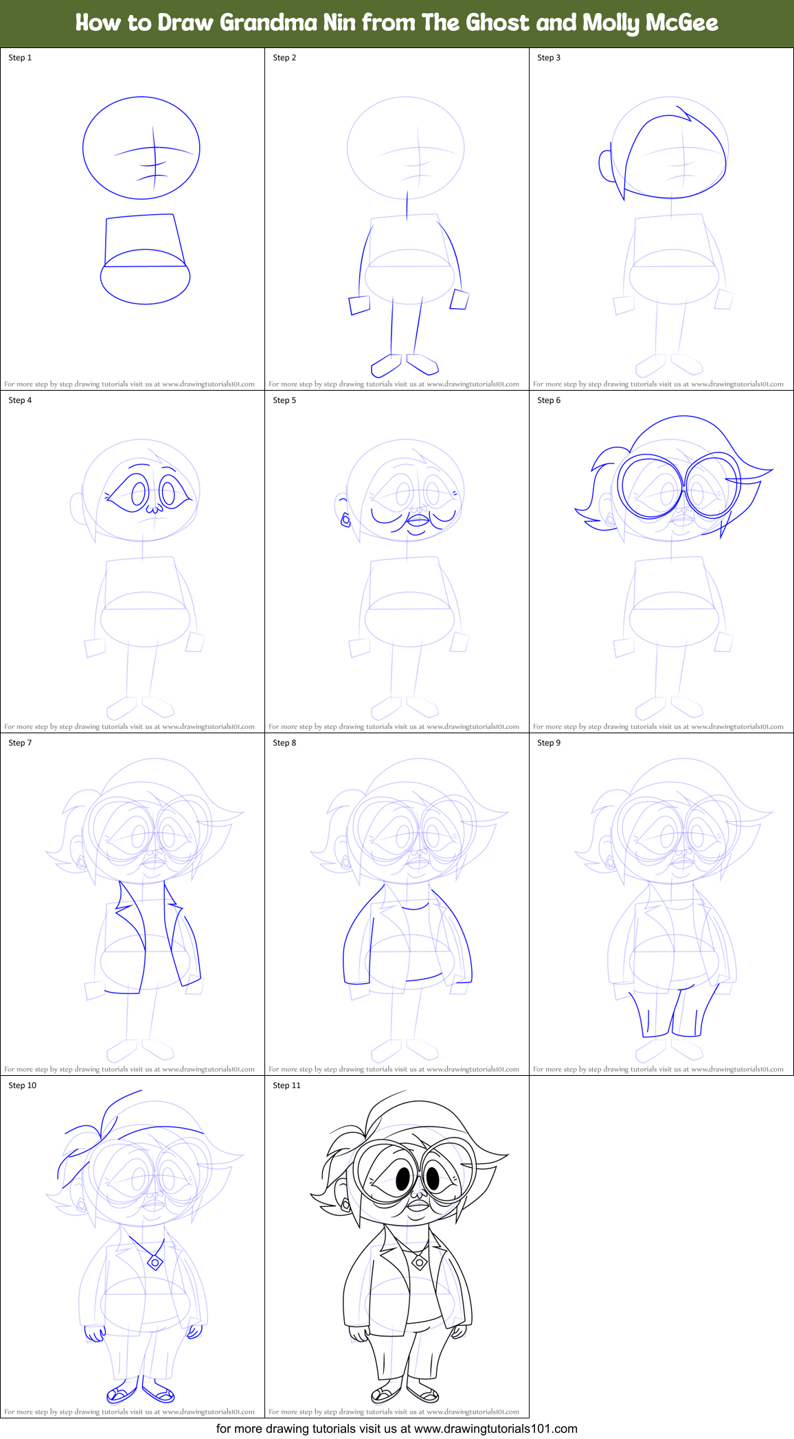 How to Draw Grandma Nin from The Ghost and Molly McGee Printable Step by Step