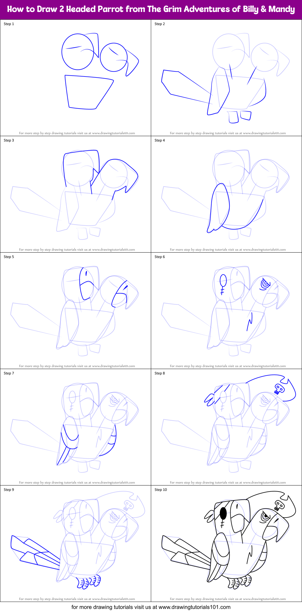 How to Draw 2 Headed Parrot from The Grim Adventures of Billy & Mandy Printable Step by Step