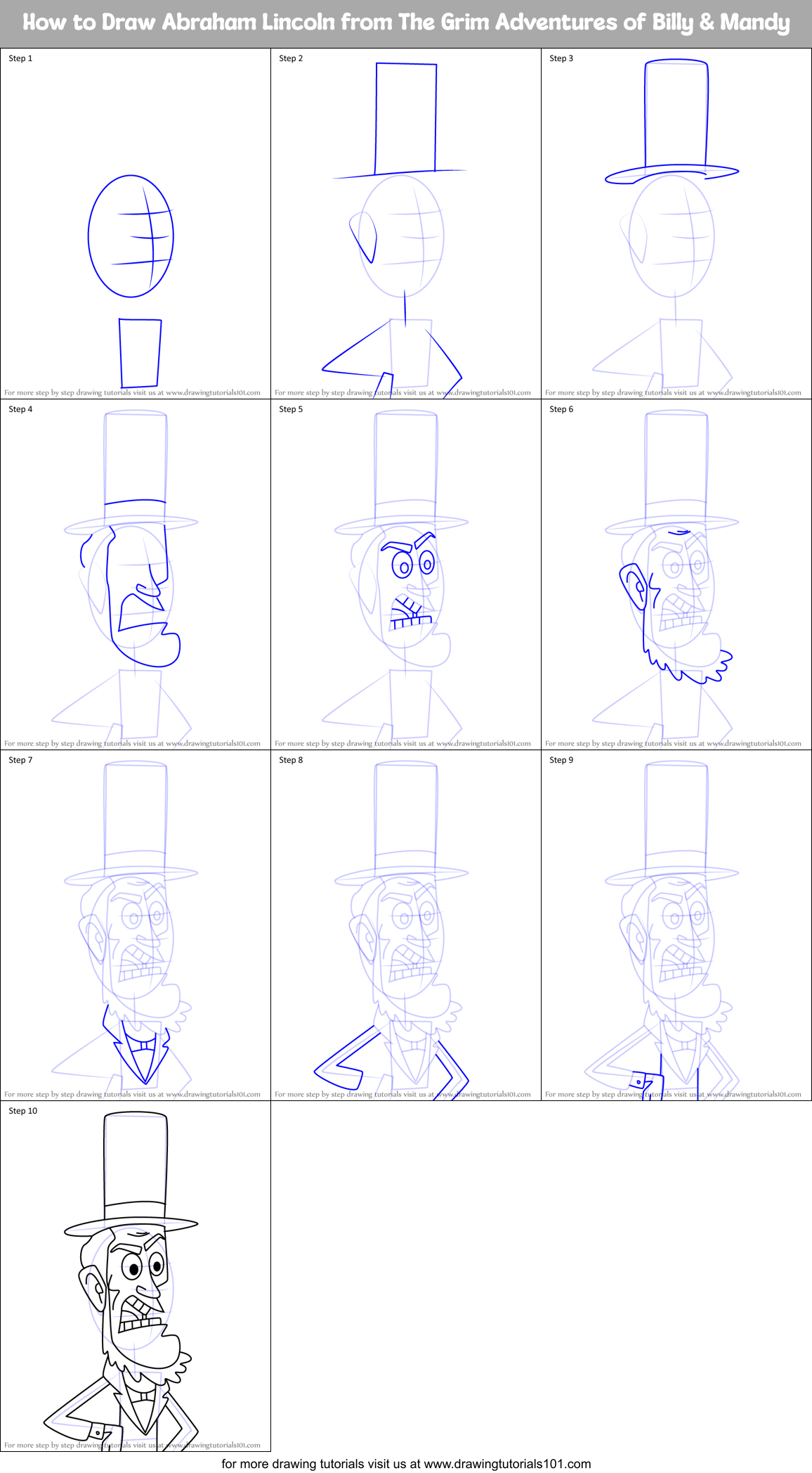 How to Draw Abraham Lincoln from The Grim Adventures of Billy & Mandy Printable Step by Step
