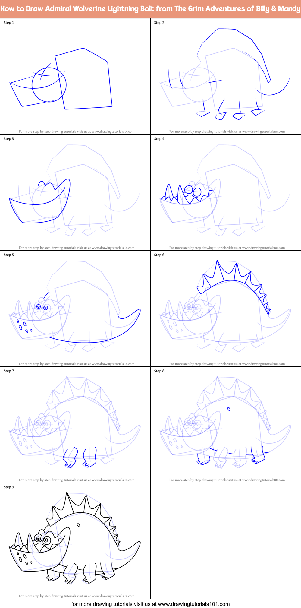 How to Draw Admiral Wolverine Lightning Bolt from The Grim Adventures of Billy & Mandy Printable Step by Step