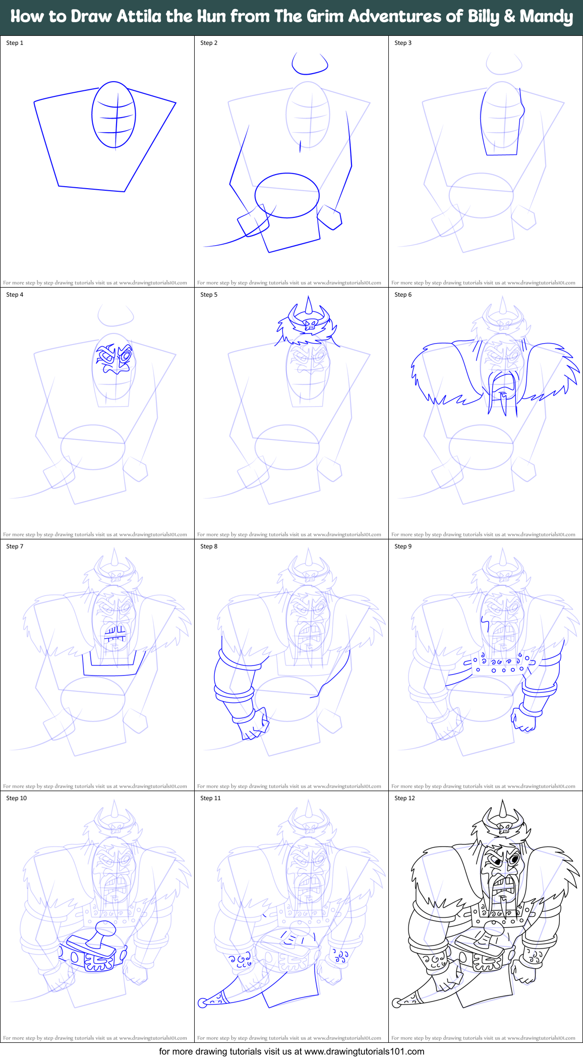 How to Draw Attila the Hun from The Grim Adventures of Billy & Mandy Printable Step by Step