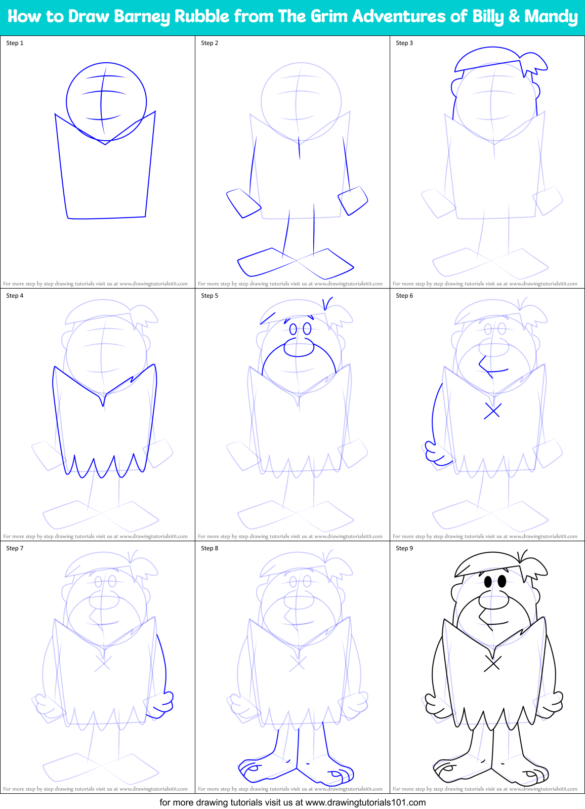 How to Draw Barney Rubble from The Grim Adventures of Billy & Mandy Printable Step by Step