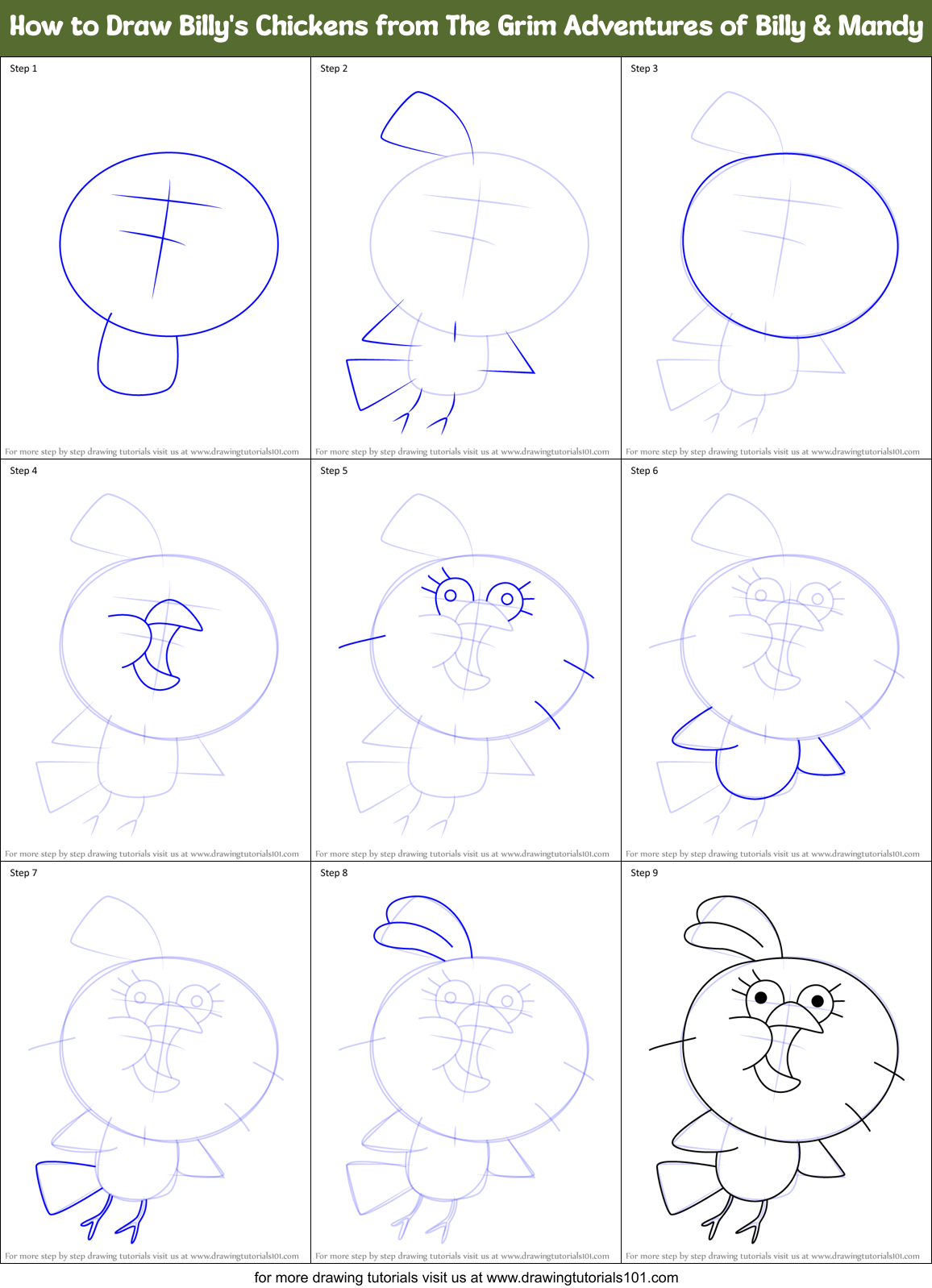 How to Draw Billy's Chickens from The Grim Adventures of Billy & Mandy Printable Step by Step