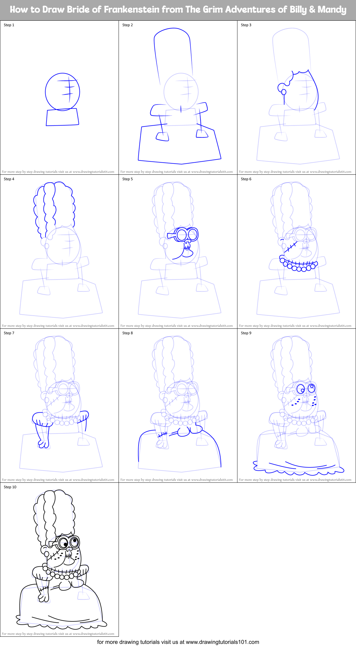 How to Draw Bride of Frankenstein from The Grim Adventures of Billy & Mandy Printable Step by Step