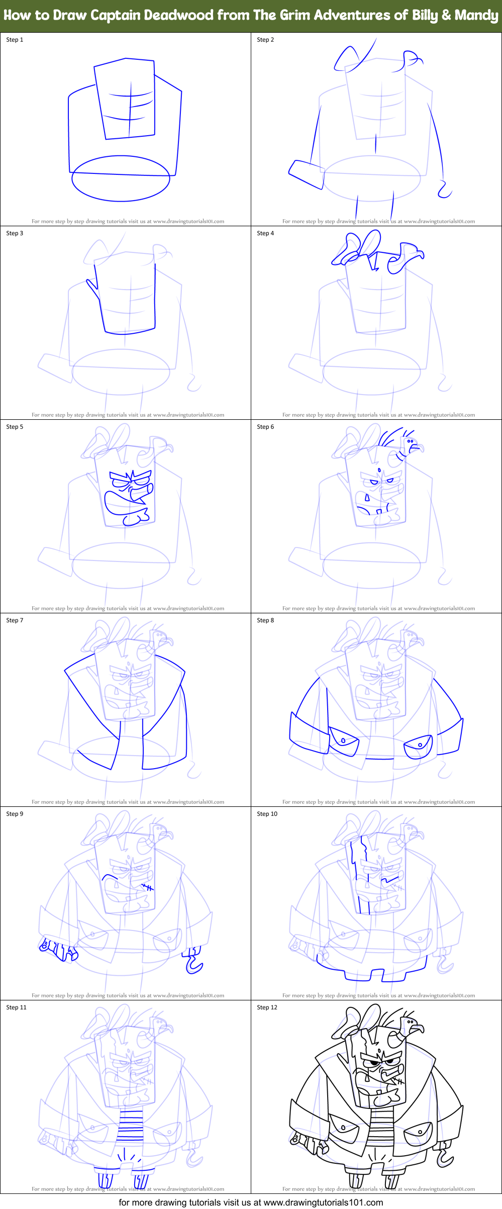 How to Draw Captain Deadwood from The Grim Adventures of Billy & Mandy Printable Step by Step