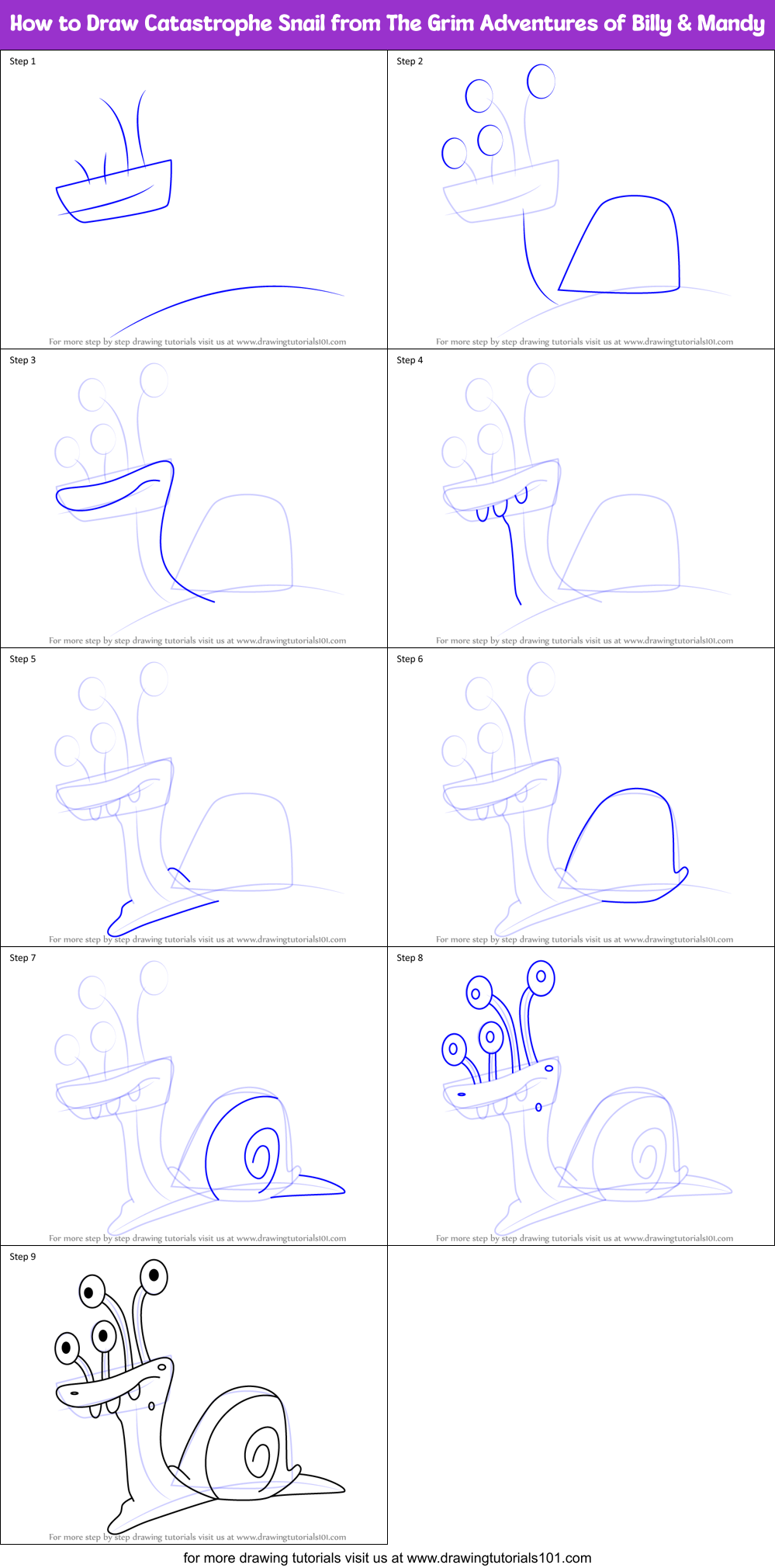 How to Draw Catastrophe Snail from The Grim Adventures of Billy & Mandy Printable Step by Step