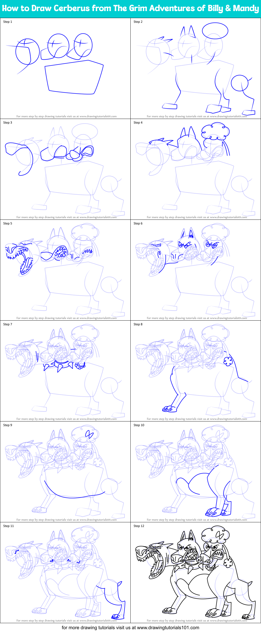 How to Draw Cerberus from The Grim Adventures of Billy & Mandy Printable Step by Step