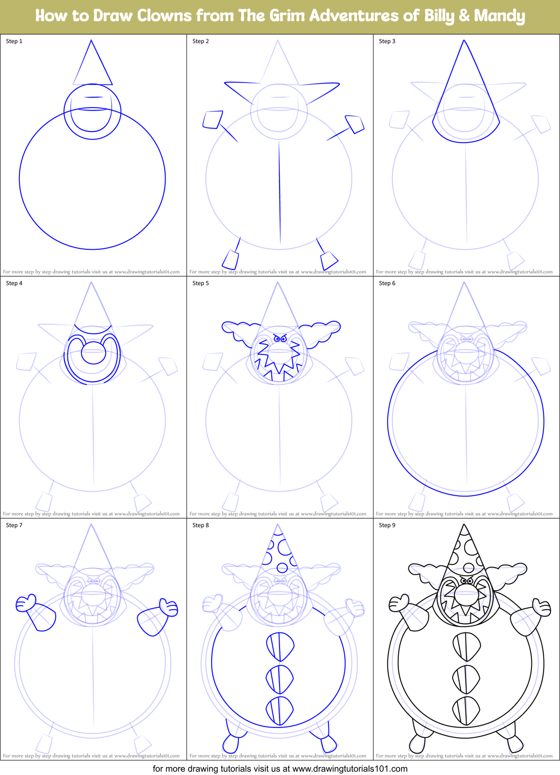 How to Draw Clowns from The Grim Adventures of Billy & Mandy Printable Step by Step
