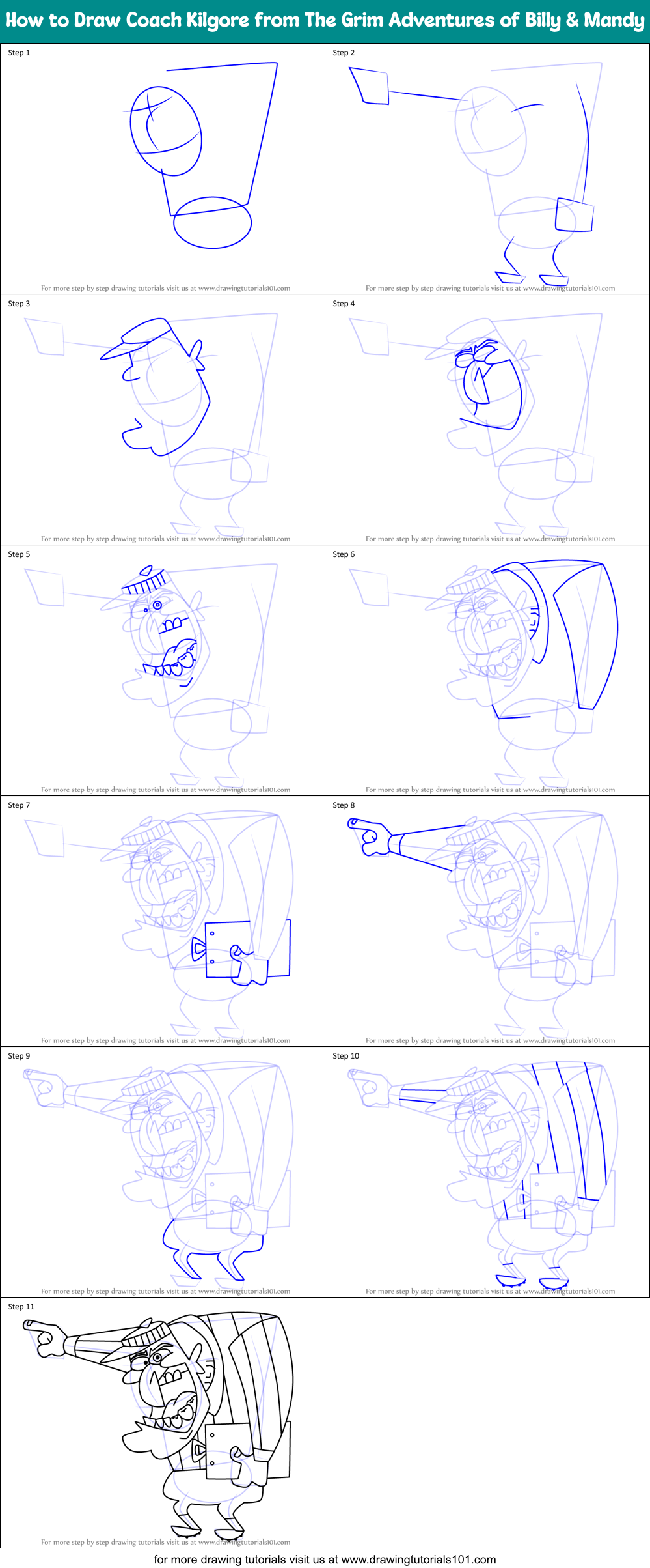 How to Draw Coach Kilgore from The Grim Adventures of Billy & Mandy Printable Step by Step