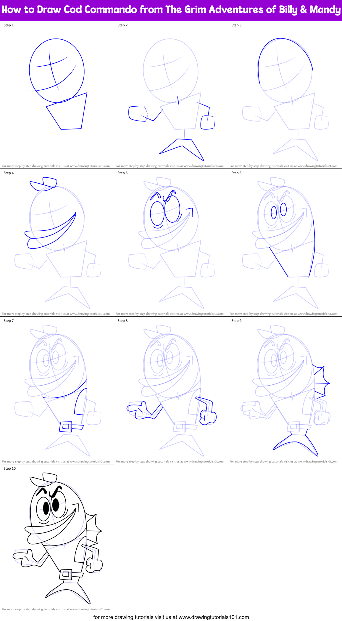 How to Draw Cod Commando from The Grim Adventures of Billy & Mandy Printable Step by Step