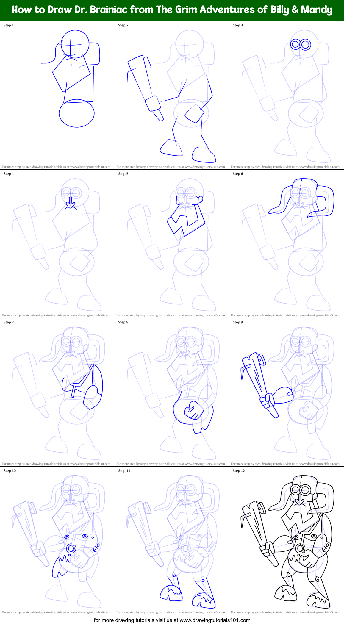 How to Draw Dr. Brainiac from The Grim Adventures of Billy & Mandy Printable Step by Step