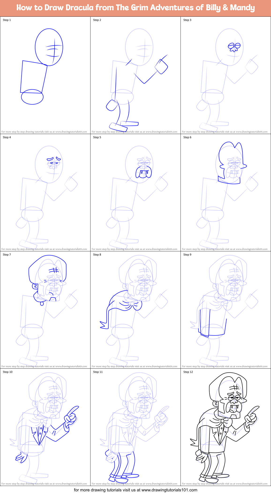 How to Draw Dracula from The Grim Adventures of Billy & Mandy Printable Step by Step