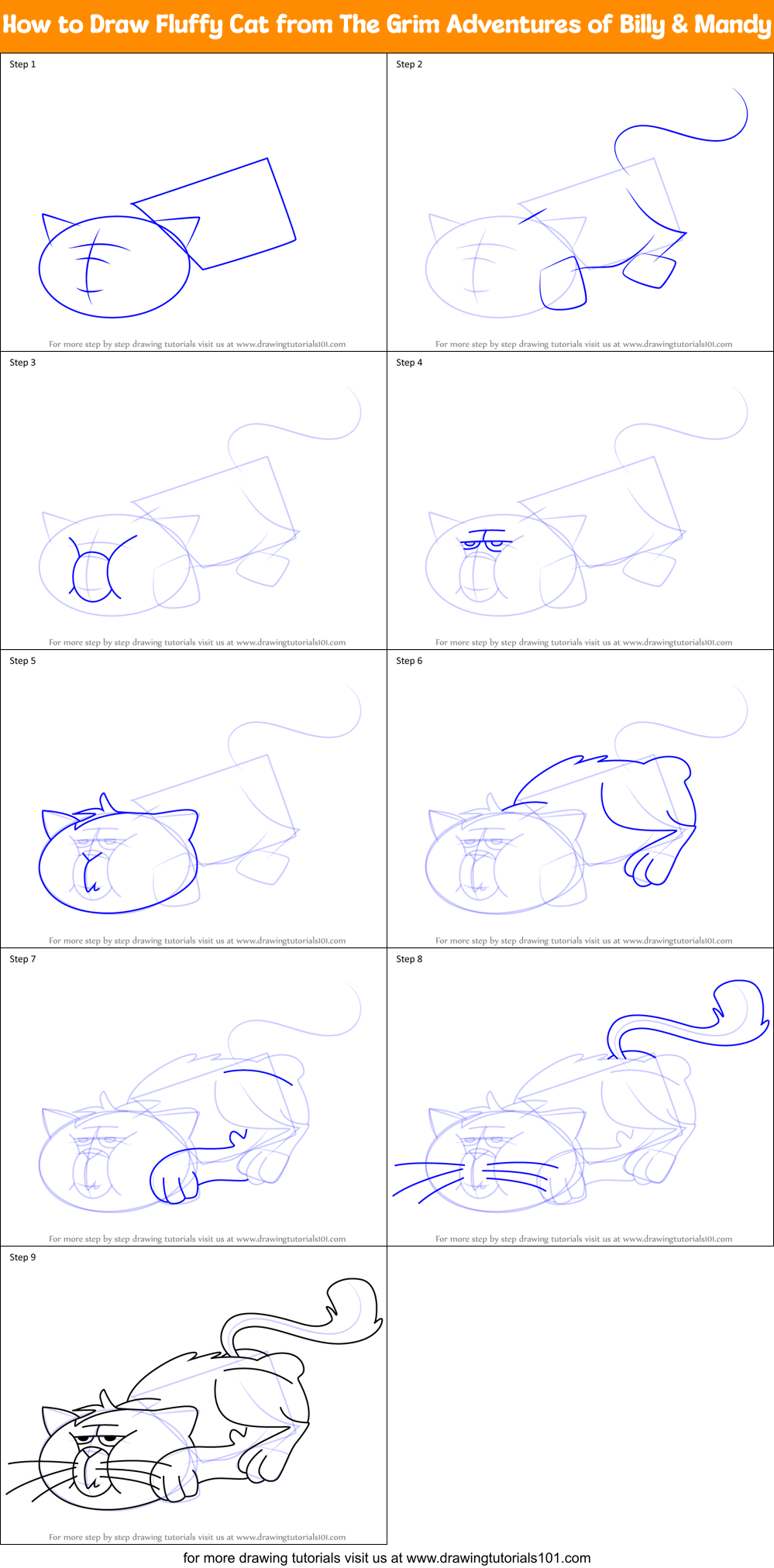 How to Draw Fluffy Cat from The Grim Adventures of Billy & Mandy Printable Step by Step