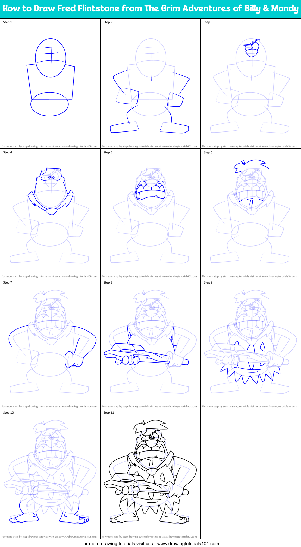 How to Draw Fred Flintstone from The Grim Adventures of Billy & Mandy Printable Step by Step