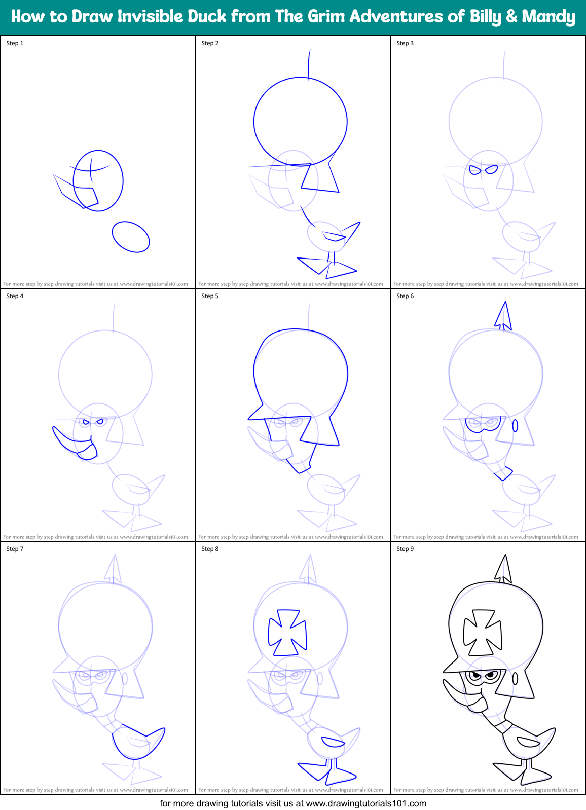 How to Draw Invisible Duck from The Grim Adventures of Billy & Mandy Printable Step by Step
