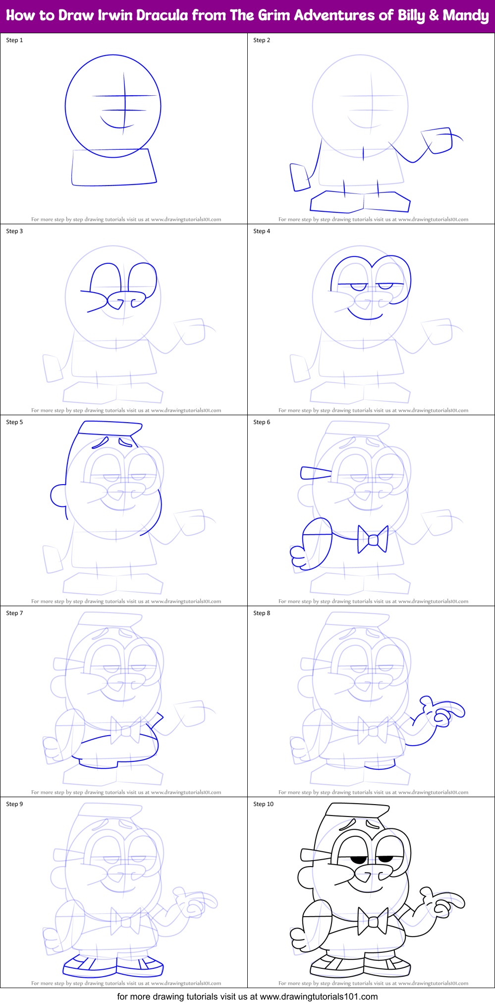 How to Draw Irwin Dracula from The Grim Adventures of Billy & Mandy Printable Step by Step
