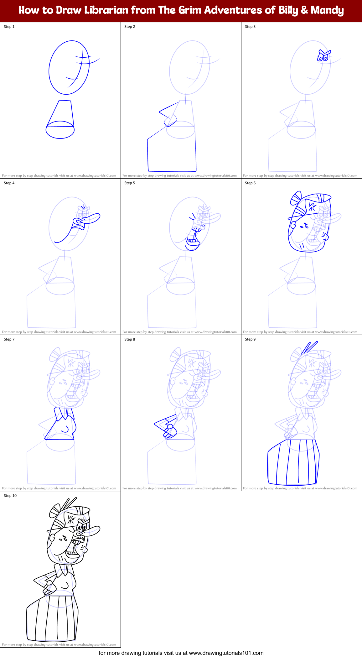 How to Draw Librarian from The Grim Adventures of Billy & Mandy Printable Step by Step